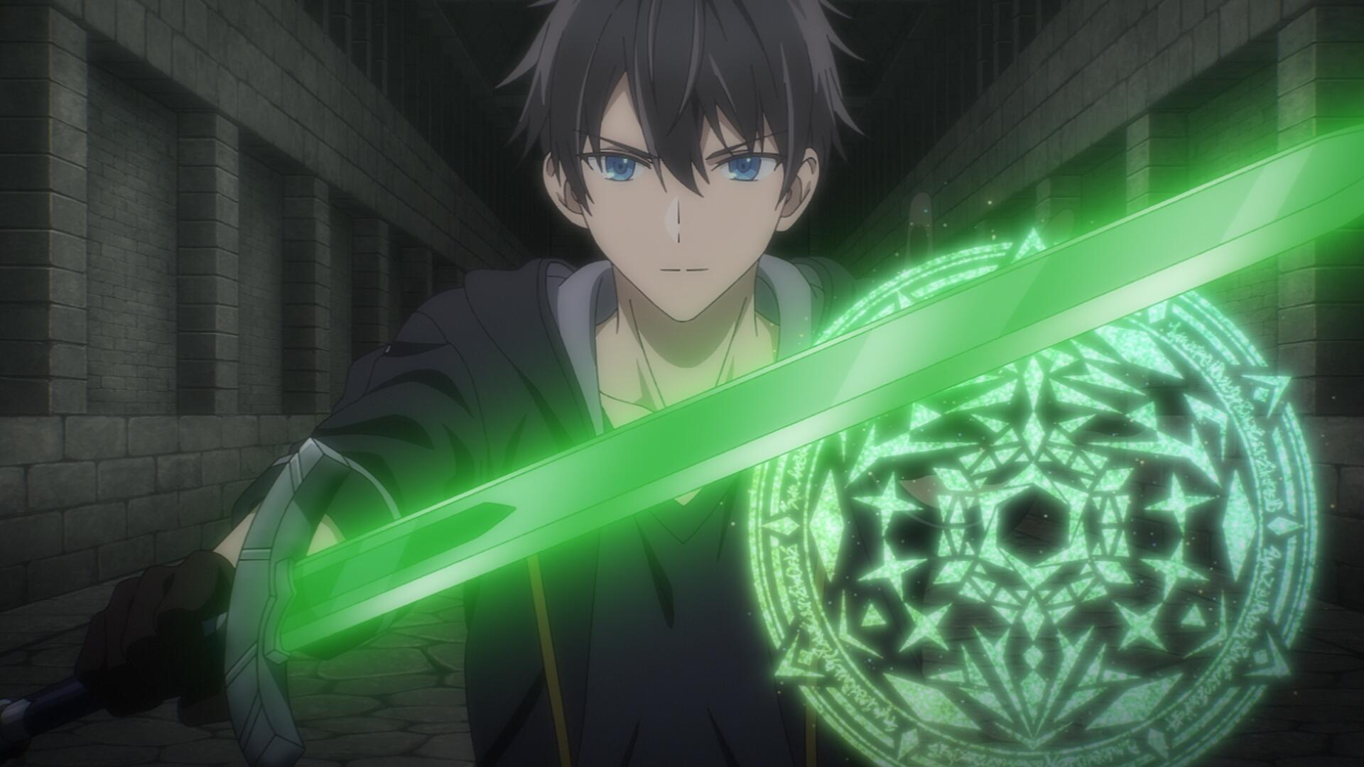 HD PC wallpaper of Orhun Dura from the anime Jack-of-All-Trades Party of None: dark-haired hero brandishes a glowing green sword and ornate magic shield in a shadowy stone corridor.