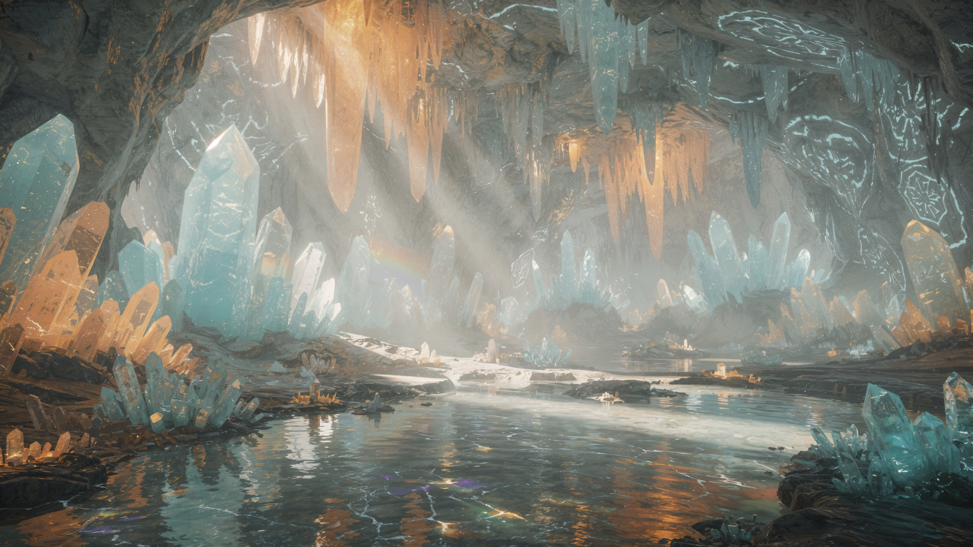 4K Ultra HD PC desktop wallpaper and background of a luminous crystal cave with turquoise and amber stalactites shimmering over a mirrored underground lake.