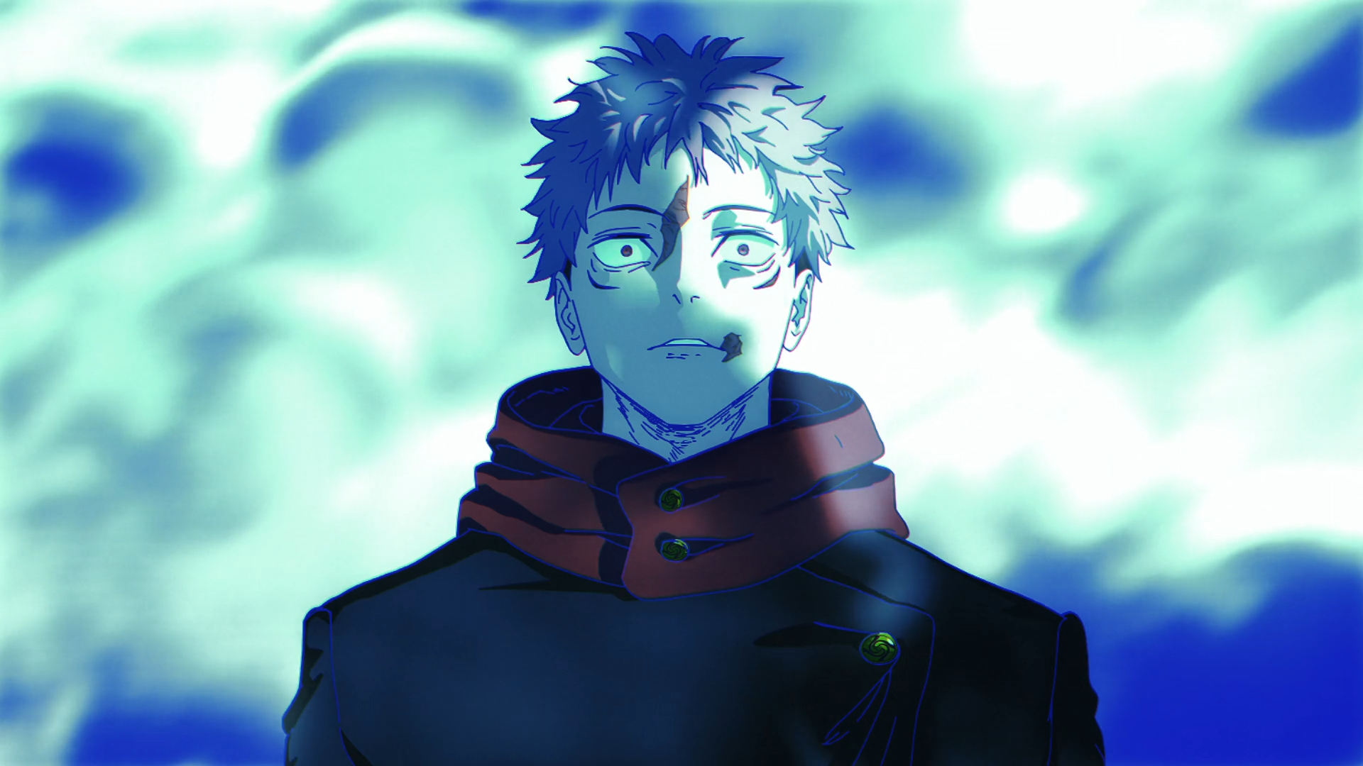 HD PC desktop wallpaper of Yuji Itadori (Jujutsu Kaisen) bathed in teal-blue light, gazing forward with a faint smile, wearing a dark coat and red collar against a cloudy, atmospheric background.