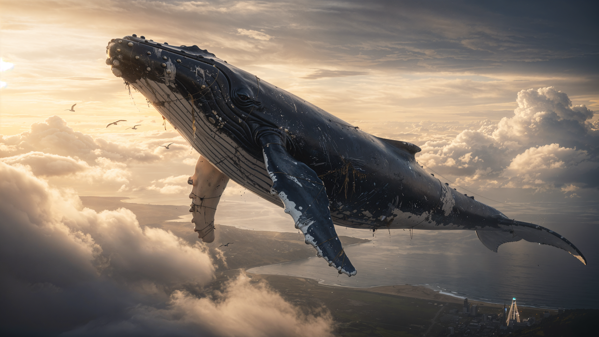 4K Ultra HD PC desktop wallpaper and background: colossal whale gliding through golden clouds above a distant city, cinematic lighting and photoreal details.