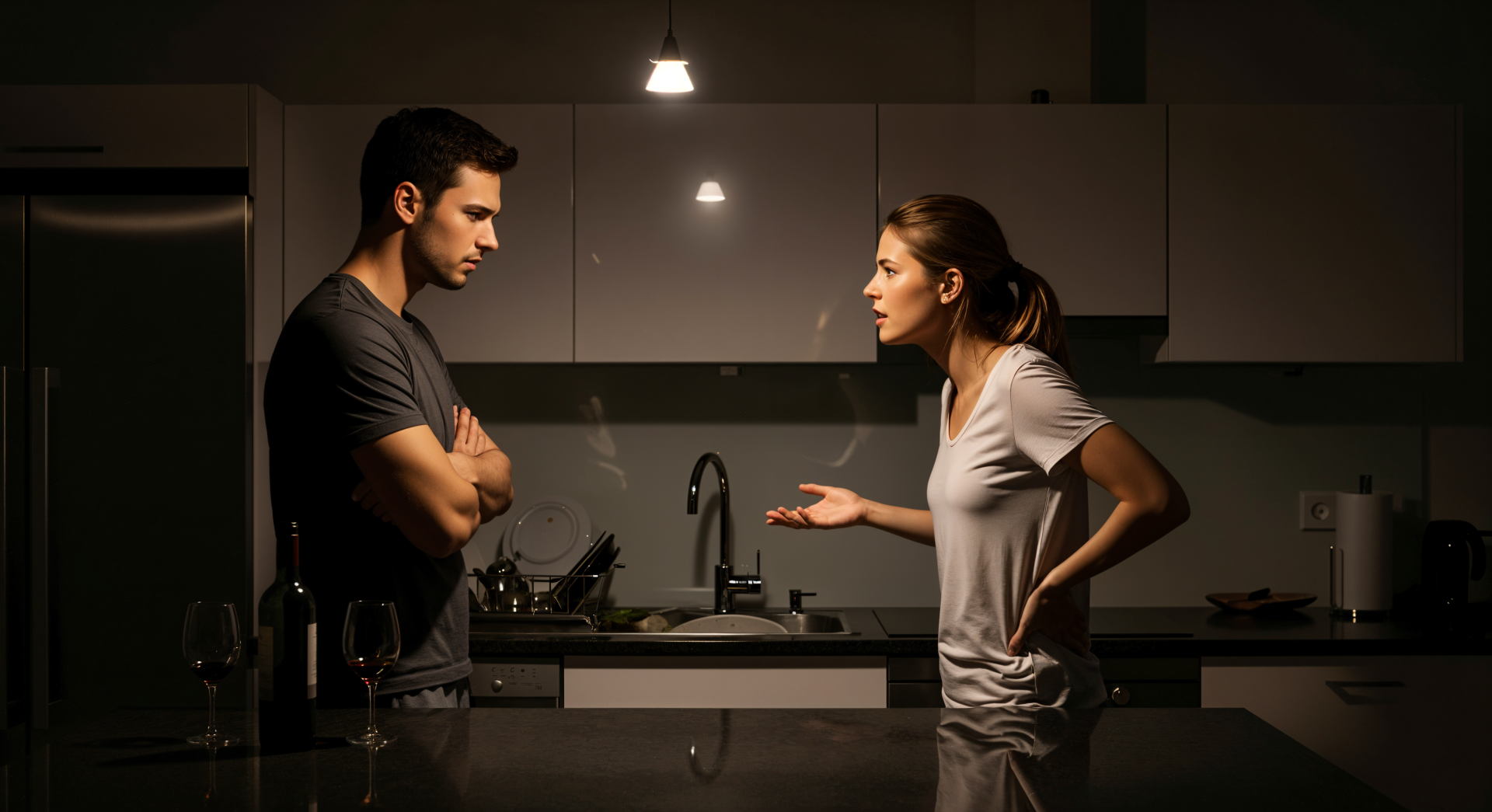 4K Ultra HD PC desktop wallpaper: tense nighttime kitchen argument — woman gesturing toward a man with arms crossed under dim pendant lights.