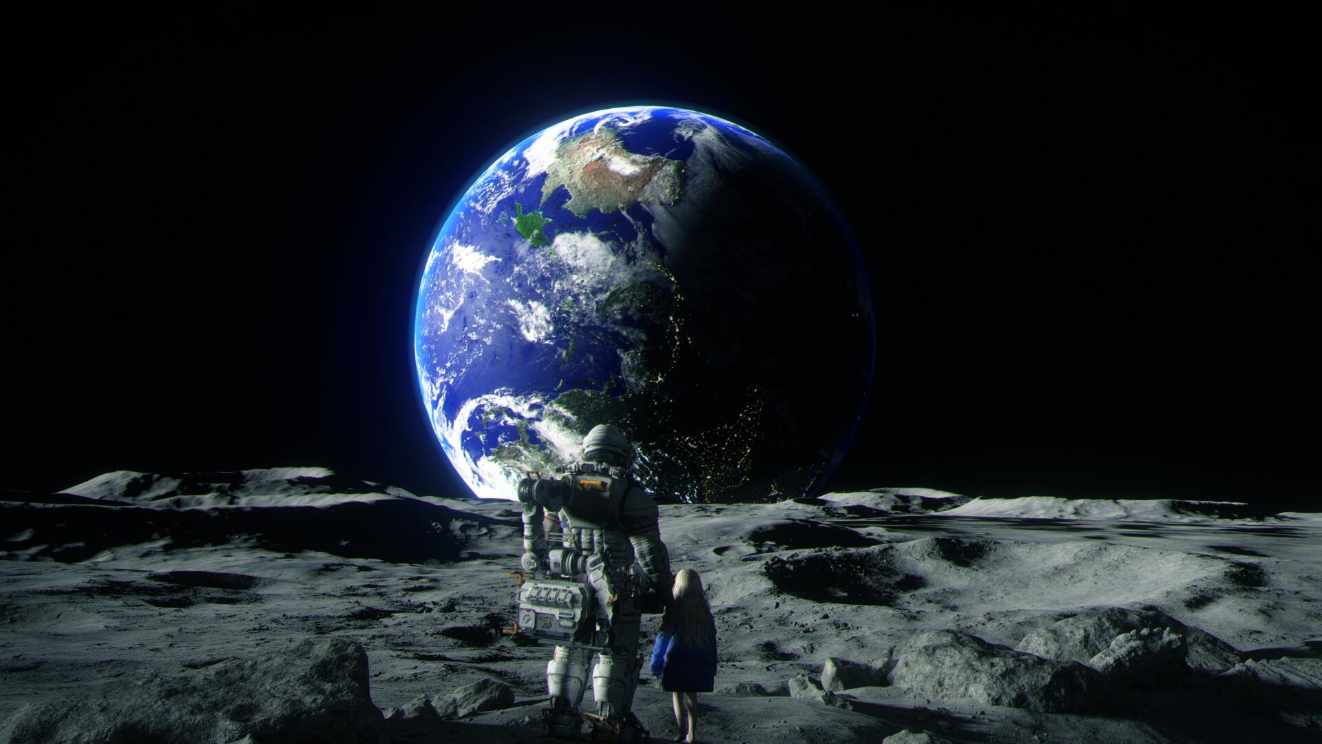 4K Ultra HD PC desktop wallpaper from the video game Pragmata: astronaut in a spacesuit stands on the Moon, gazing at Earth rising above a cratered horizon.