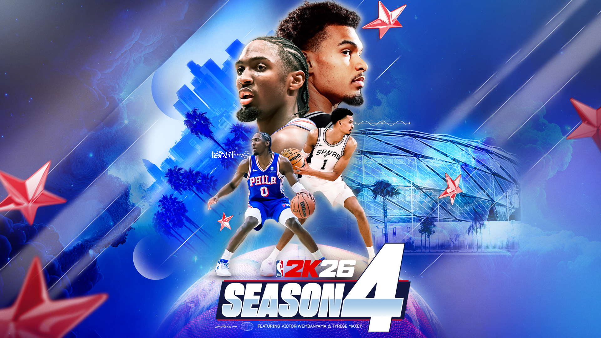 NBA 2K26 Season 4 Quad HD PC desktop wallpaper featuring two NBA players in action over a stylized court backdrop and 2K26 logo.