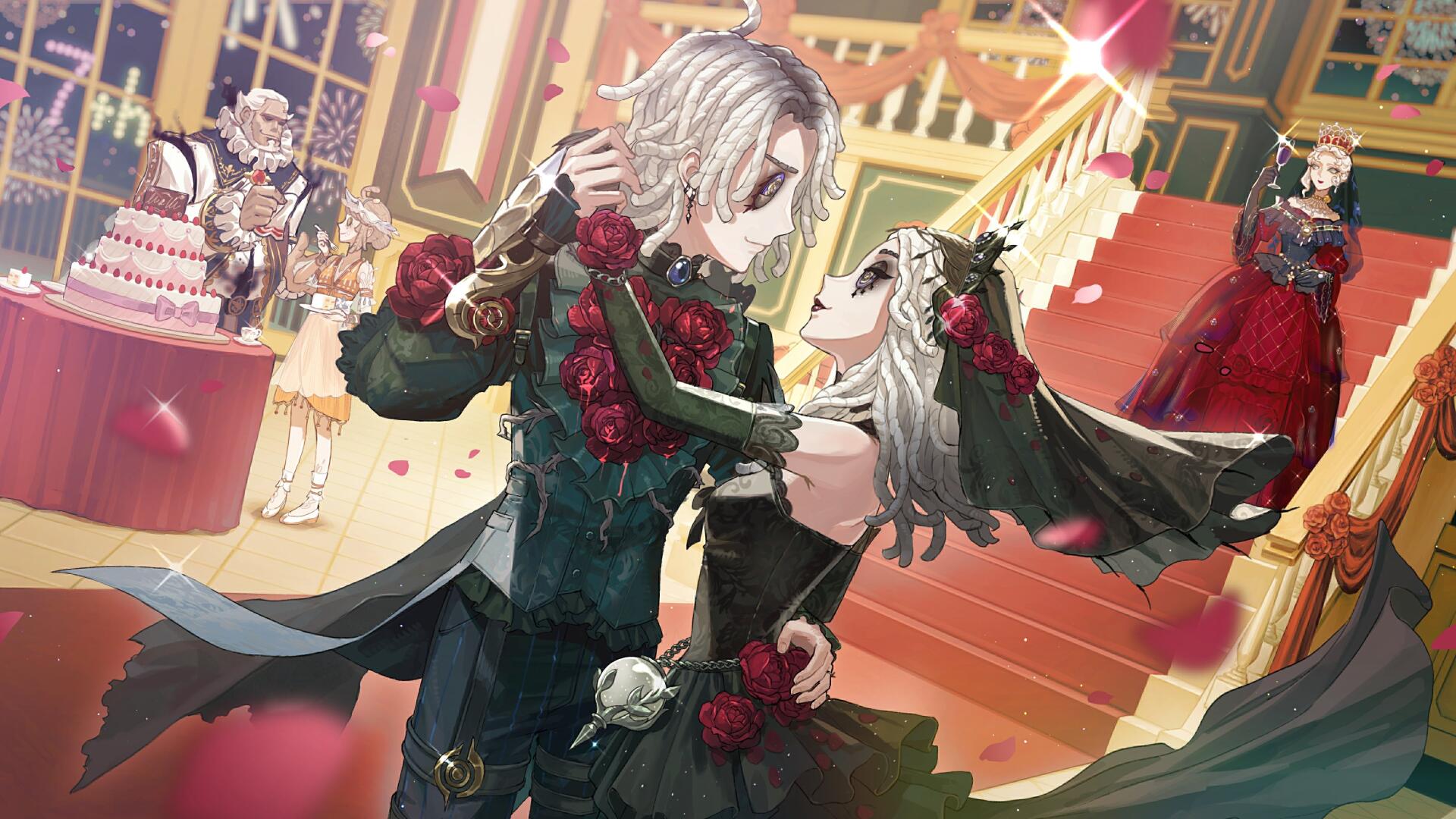 4K Ultra HD PC desktop wallpaper of Identity V (video game): masked couple in gothic ballroom attire dance on a grand staircase, roses and costumed revelers around them.