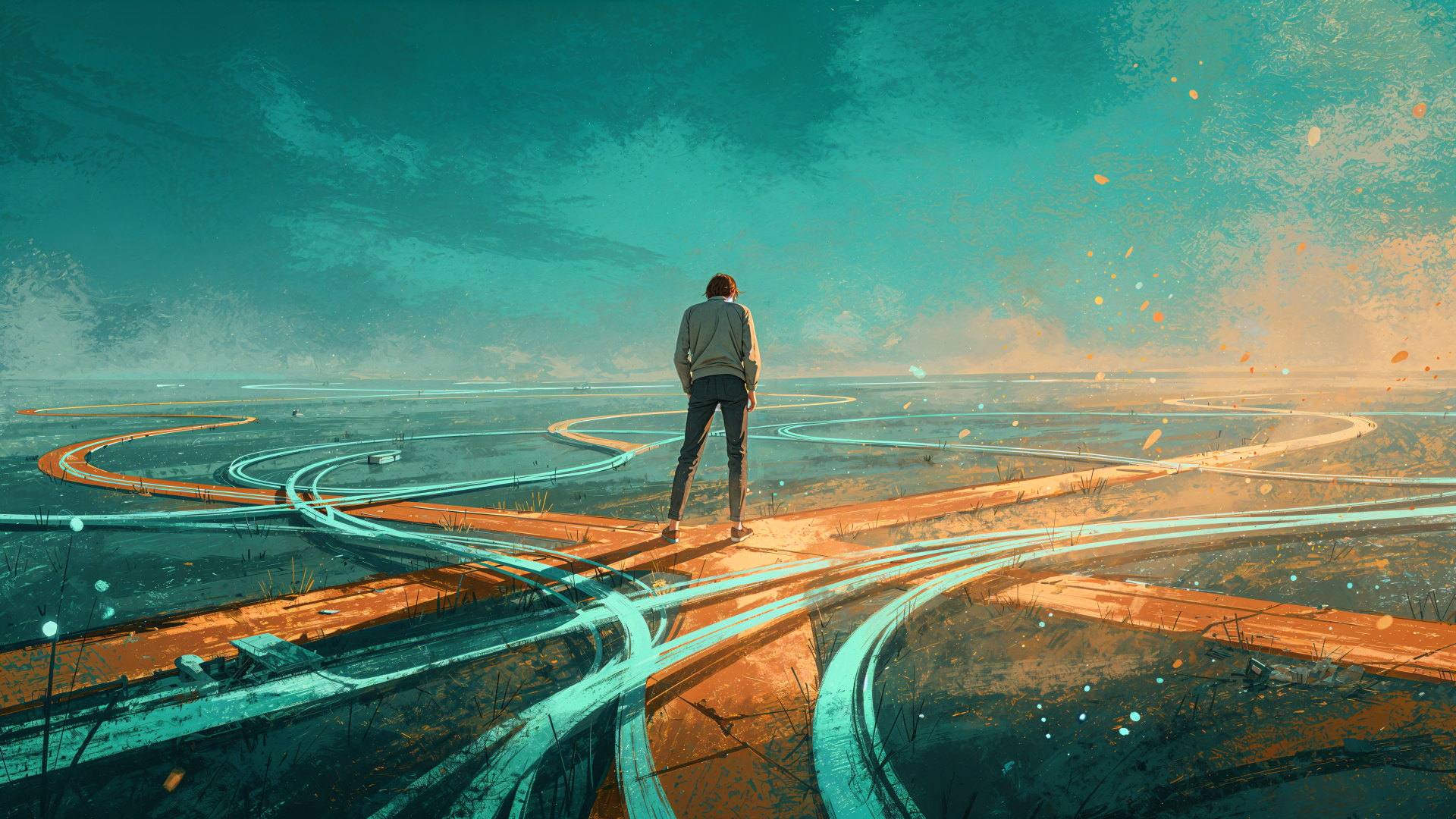 4K Ultra HD PC desktop wallpaper and background — lone figure stands on glowing, intersecting neon pathways beneath a teal sky, cinematic light and sweeping perspective.