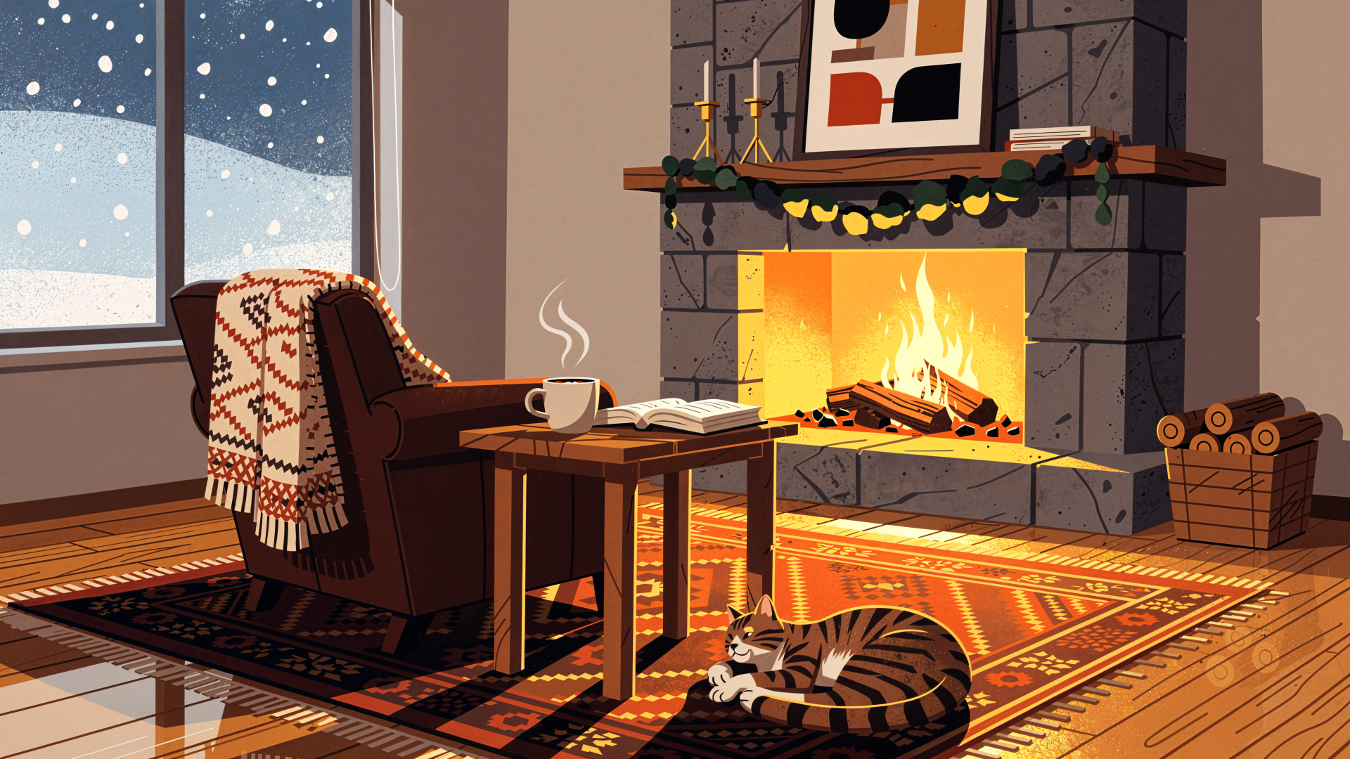 4K Ultra HD PC desktop wallpaper: cozy fireplace scene with armchair, steaming mug, open book, rug and cat by the hearth under a snowy window.