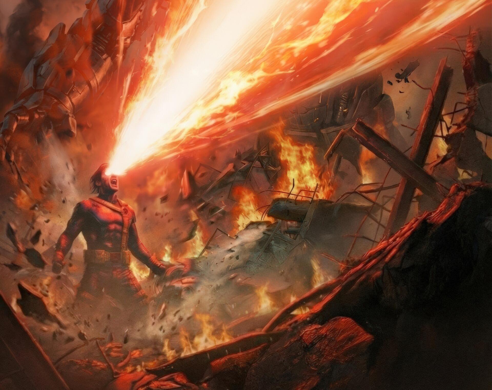 Avengers: Doomsday movie 2K Quad HD PC desktop wallpaper showing a fiery armored figure unleashing a blazing beam amid collapsing, burning buildings and flying debris.