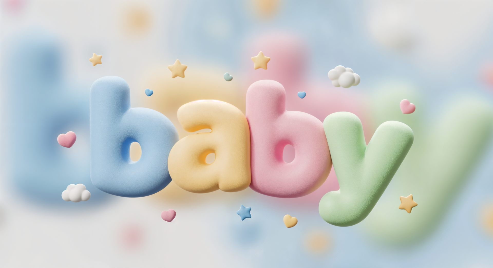 Pastel 3D baby letters with fluffy clouds, stars and hearts in soft focus — whimsical 4K Ultra HD PC desktop wallpaper and background.