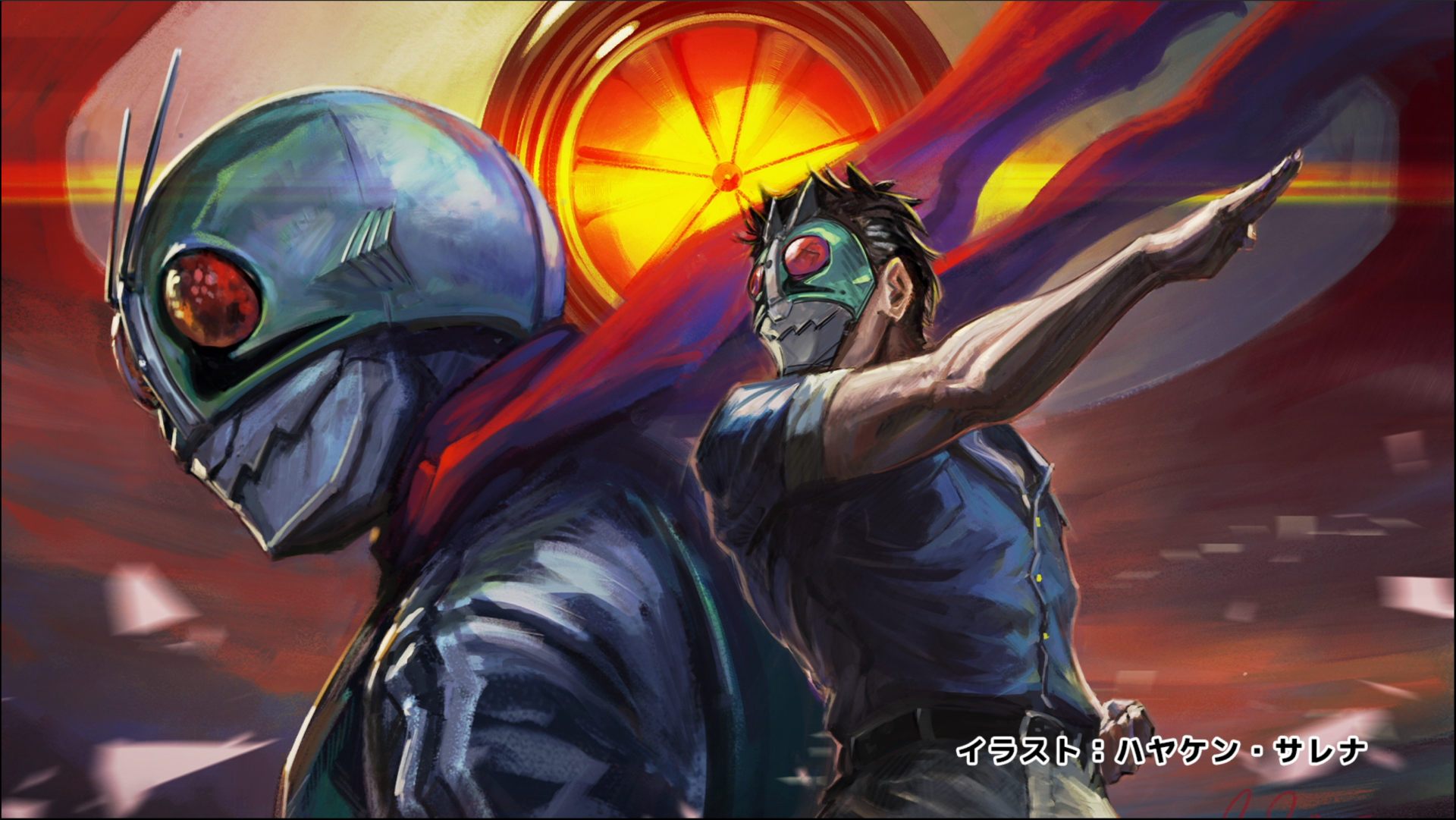 Anime 2K Quad HD PC wallpaper of Tanzaburo Tojima from Tojima Wants to Be a Kamen Rider, masked in Kamen Rider gear with a red cape and a glowing wheel motif behind him.