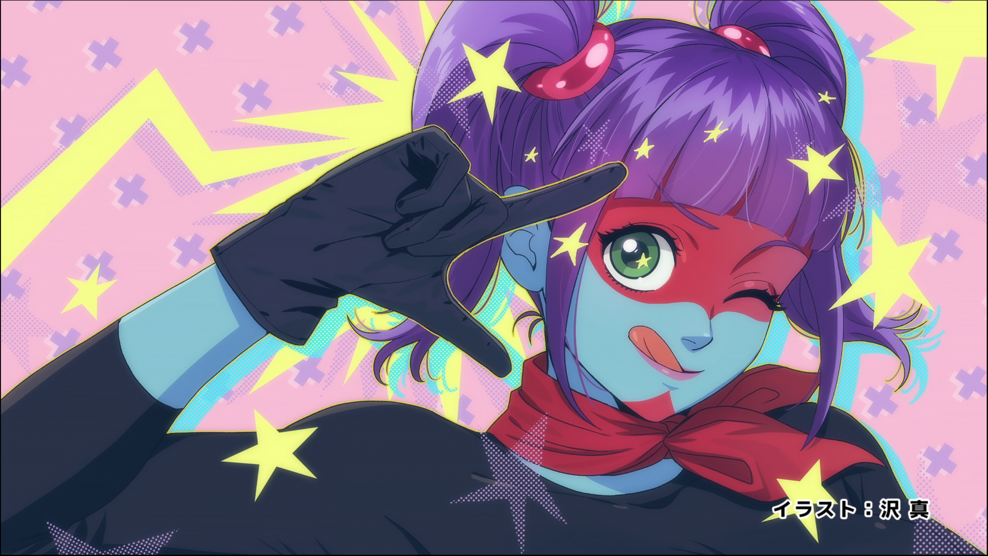 2K Quad HD PC desktop anime wallpaper of Yukarisu (Kamen Rider) from Tojima Wants to Be a Kamen Rider — purple twin-tail heroine winking, red mask and scarf with star-studded pink background