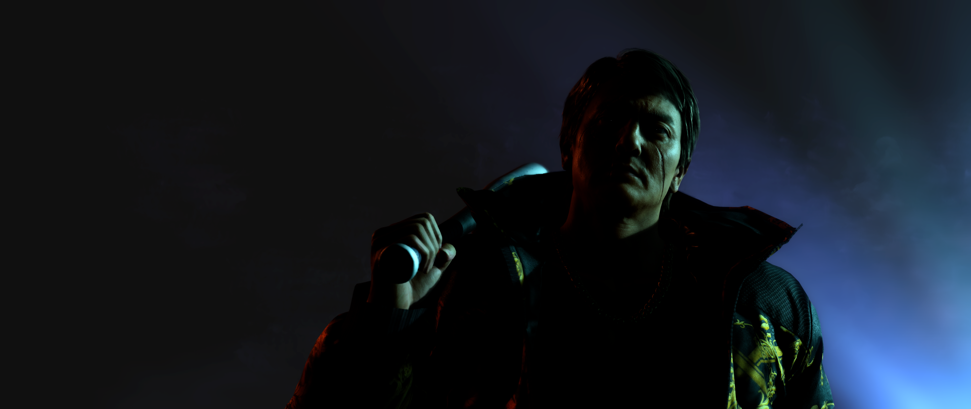 4K Ultra HD desktop wallpaper: shadowed yakuza from Like a Dragon Gaiden: The Man Who Erased His Name, high-contrast lighting and smoke as he rests a bat on his shoulder.