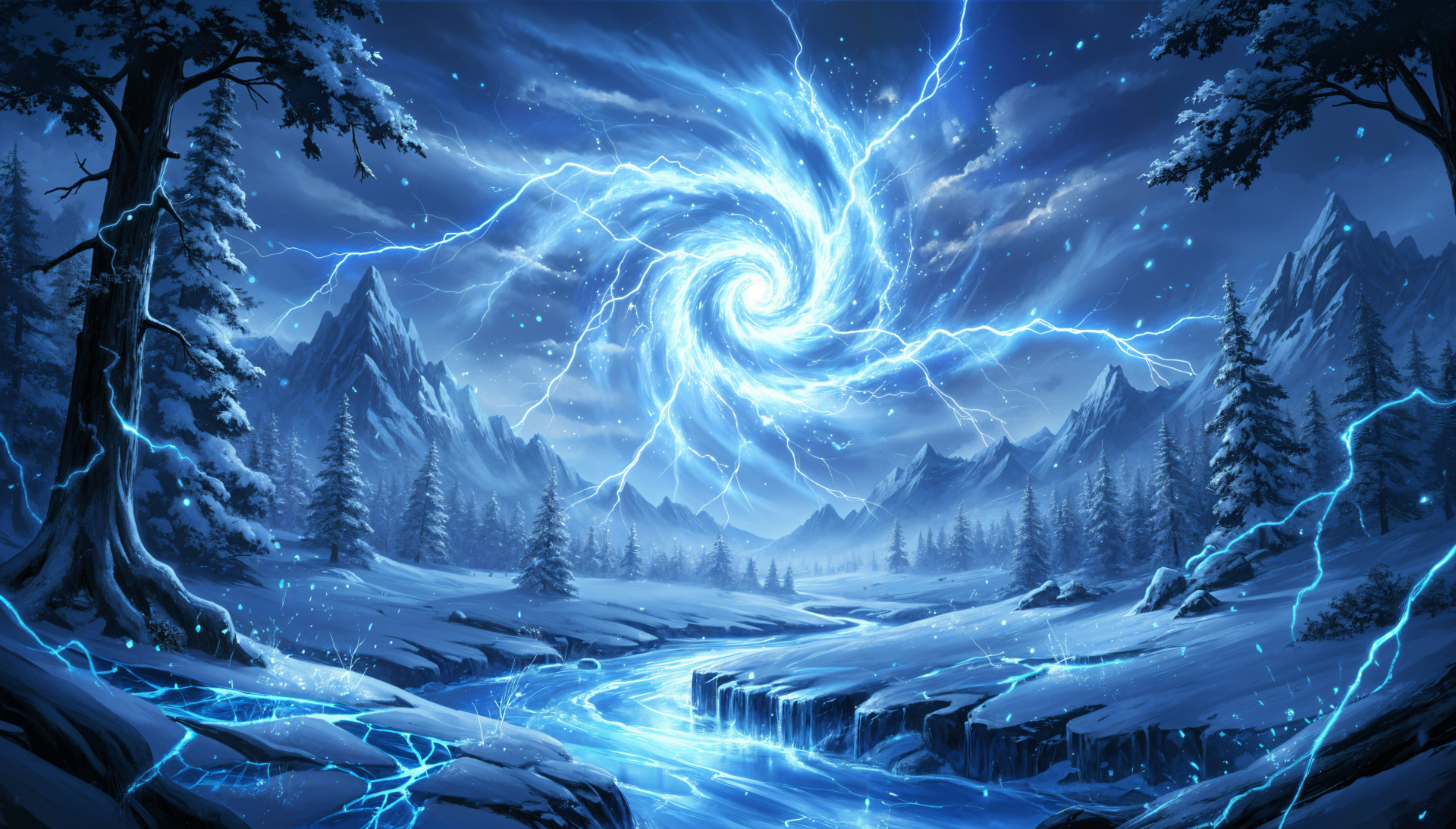 4K Ultra HD PC desktop wallpaper: snowy mountain valley with pine trees and a frozen river beneath a swirling blue lightning vortex in a stormy sky.