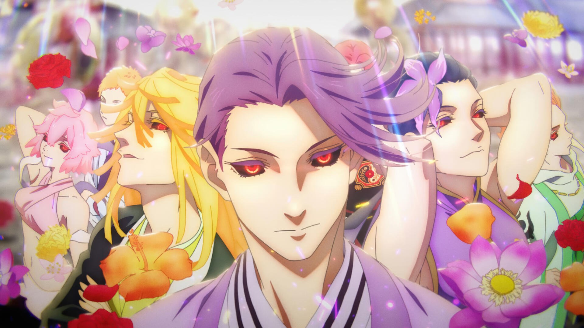 4K Ultra HD PC desktop wallpaper — Hell's Paradise anime: purple‑haired anime girl with red eyes centered among colorful companions, falling petals and vibrant flowers.