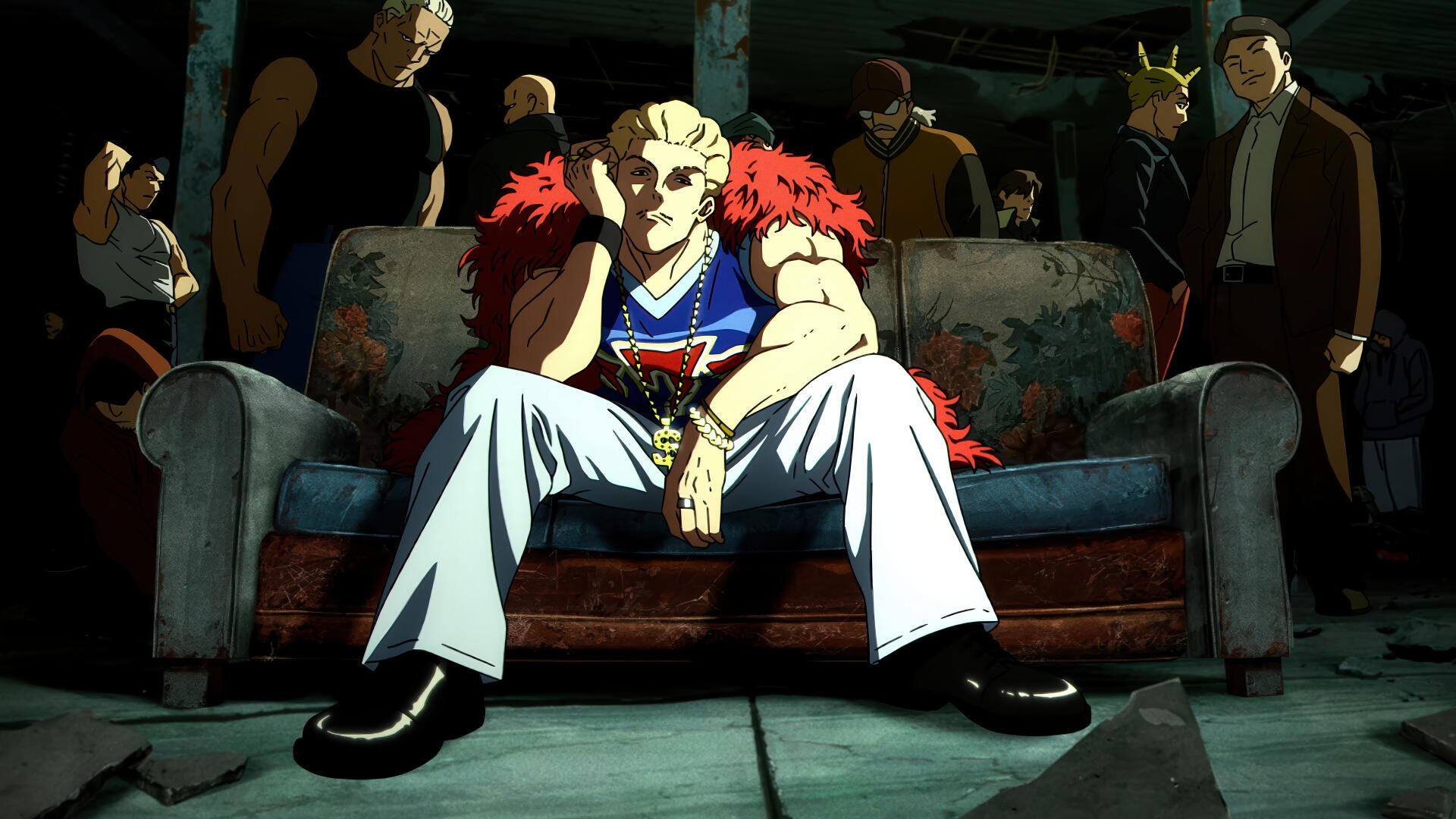 4K Ultra HD desktop wallpaper: Kinji Hakari from Jujutsu Kaisen 3rd Season, seated on a worn sofa in a dim room, red-feathered jacket, confident glare, shadowy figures behind him.