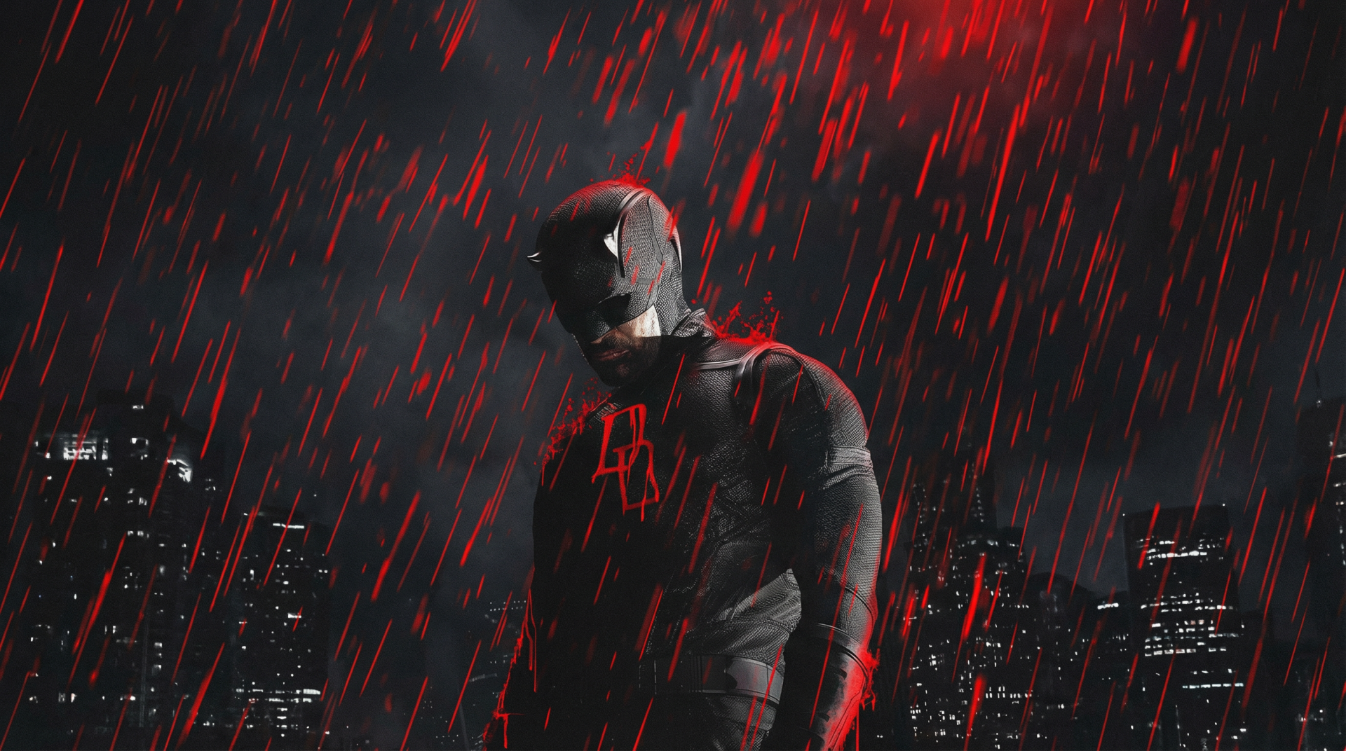 Daredevil from the TV show Daredevil: Born Again stands in red-lit rain against a dark city skyline — 2K Quad HD PC desktop wallpaper/background.