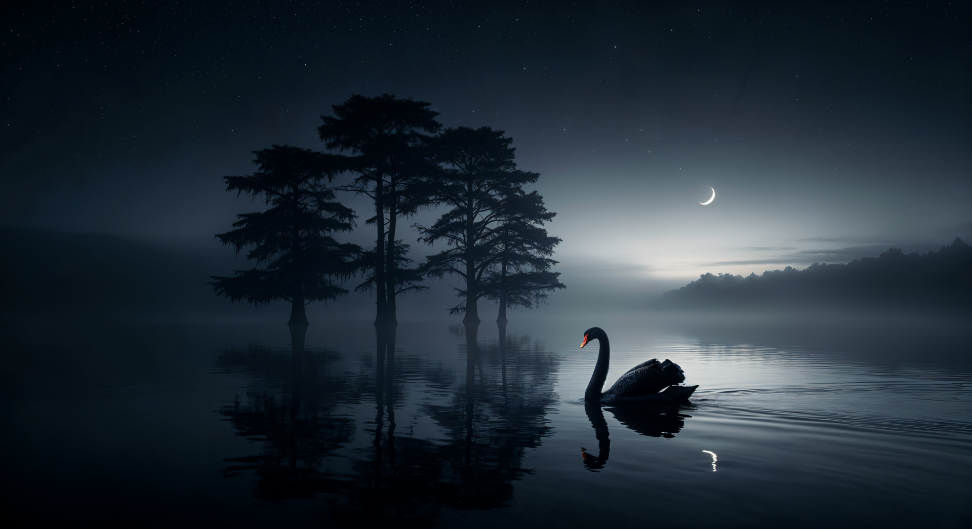 Dark nature 4K Ultra HD PC desktop wallpaper and background: a lone black swan glides across a misty moonlit lake, silhouetted trees and crescent moon reflected in the glassy water.