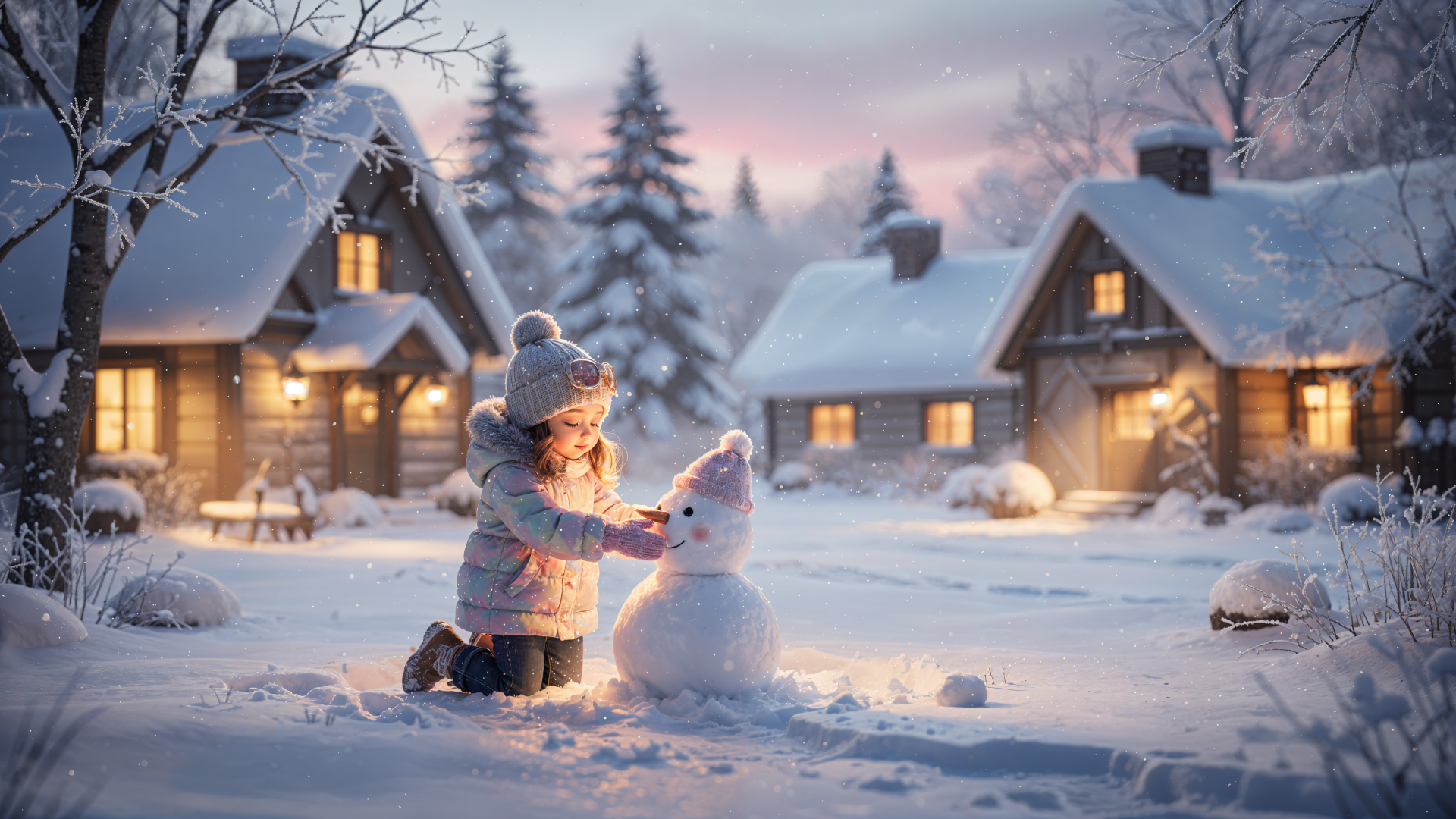 Cute winter 4K Ultra HD PC Desktop Wallpaper and Background: child builds a snowman in a snowy village at dusk, warm cottage lights, pine trees and a soft pastel sky.