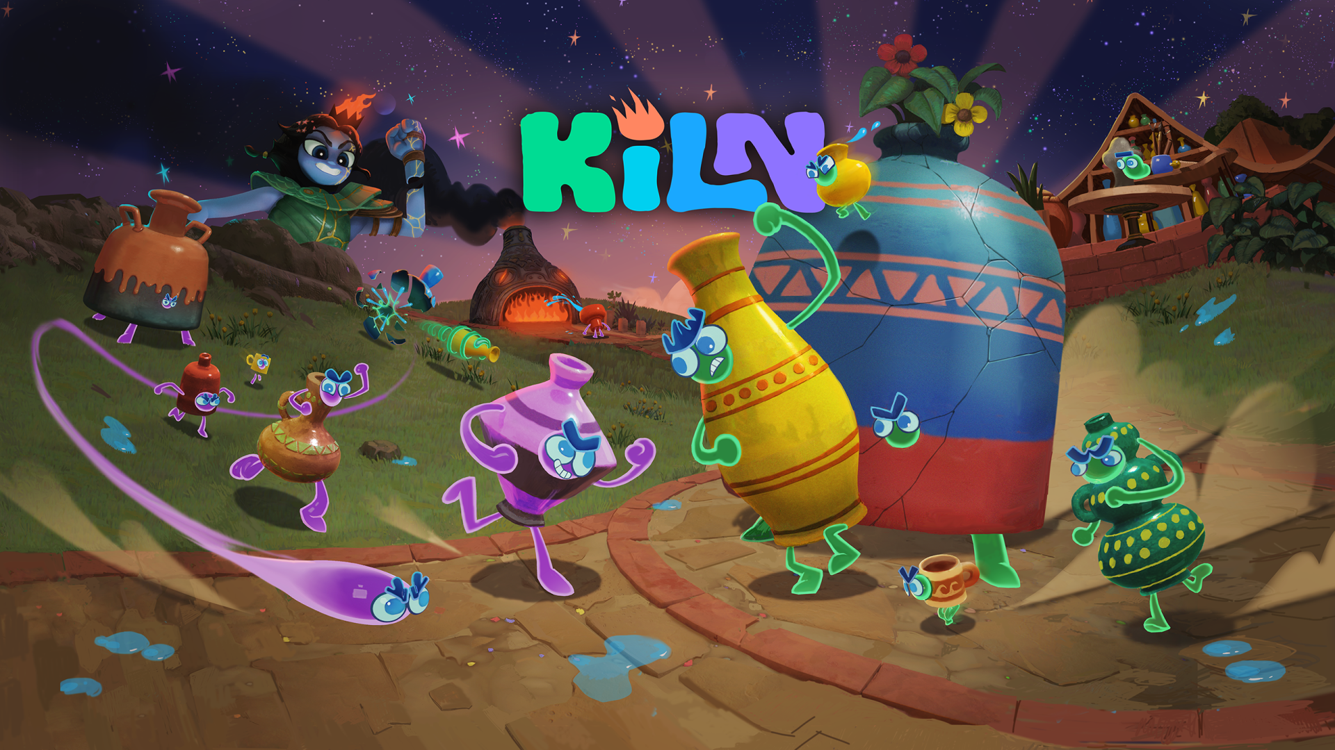 Kiln video game gaming art — vibrant 2K Quad HD PC desktop wallpaper and background showing whimsical pottery characters dancing in a colorful nighttime village.