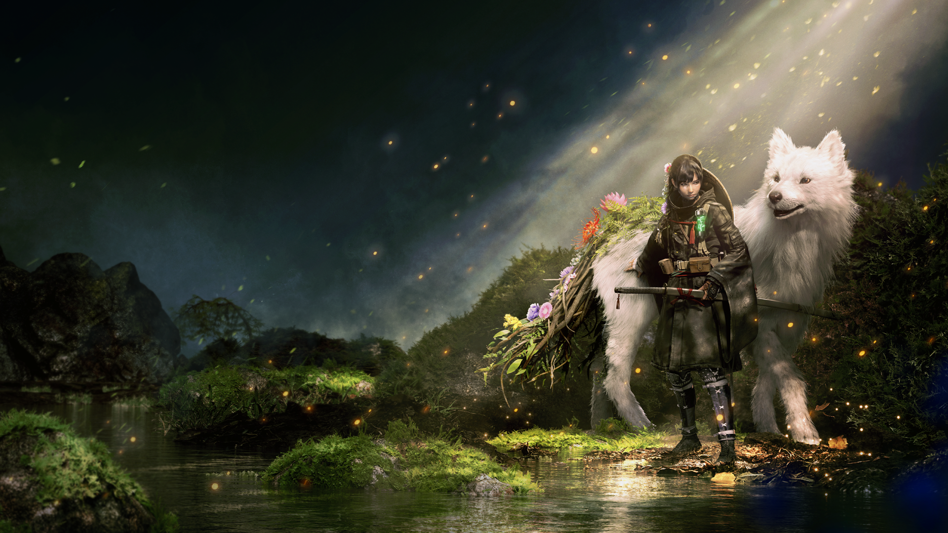 2K Quad HD PC desktop wallpaper and background: gaming art from video game Beast of Reincarnation — cloaked warrior and giant white wolf stand in a moonlit, misty fantasy marsh.