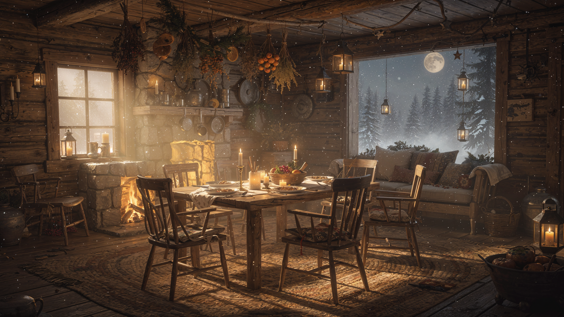 4K Ultra HD PC Desktop Wallpaper and Background: rustic holiday cabin interior with a candlelit table, roaring fireplace, cozy chairs, and a snowy moonlit pine forest visible through the window.