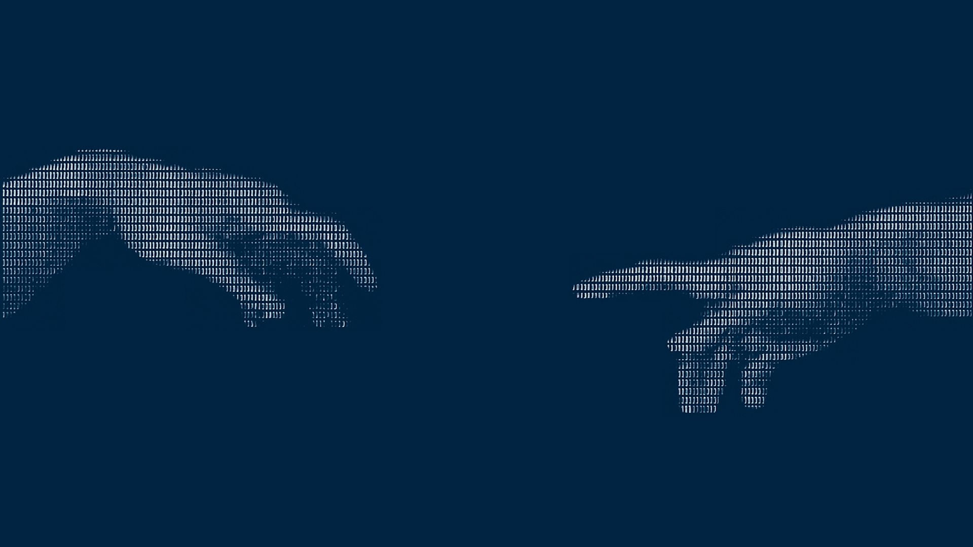 HD desktop wallpaper: pixelated hands inspired by Michelangelo (TMNT) and The Creation of Adam reaching toward each other on a deep blue background.