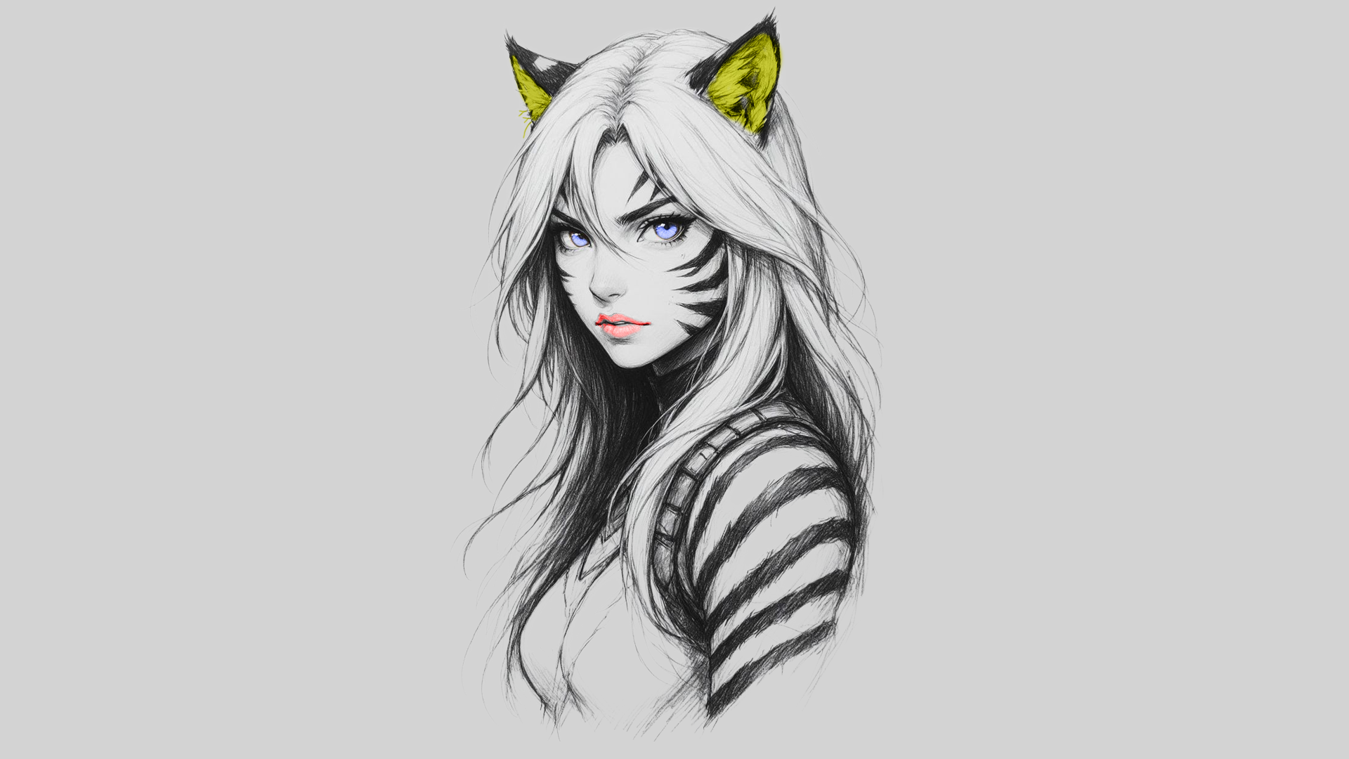 HD PC desktop wallpaper art print of a fox girl: white-haired woman with fox ears, blue eyes, facial whisker markings and striped shoulder, monochrome sketch style on a pale background.