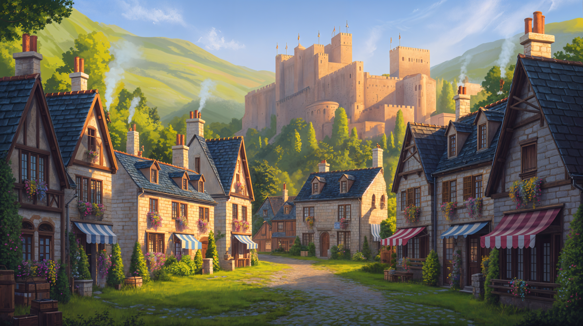 4K Ultra HD PC Desktop Wallpaper & Background: sunlit quaint town with cobbled lane, stone cottages with striped awnings, and a hilltop castle framed by green hills and a blue sky.