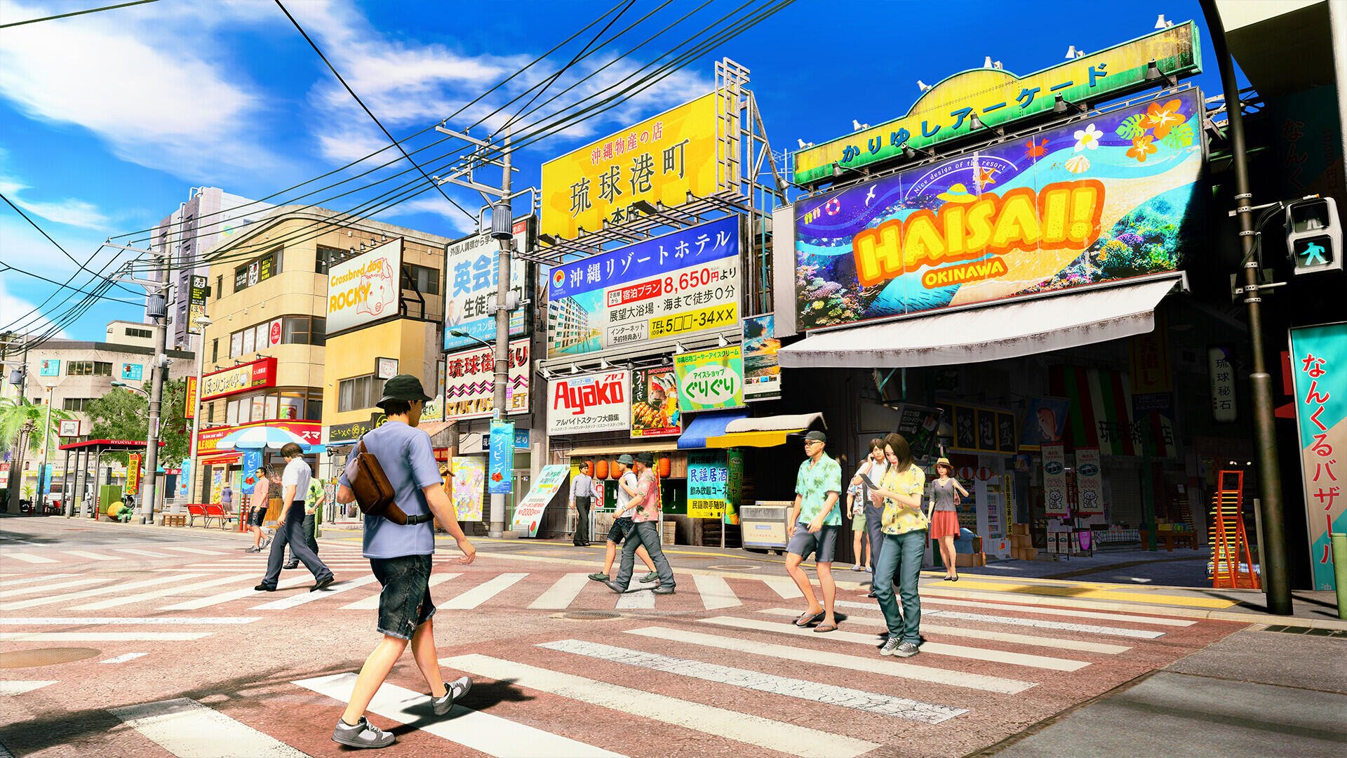 HD PC desktop wallpaper from the video game Yakuza Kiwami 3 & Dark Ties showing pedestrians crossing a sunlit, neon-adorned Tokyo street with colorful storefronts.