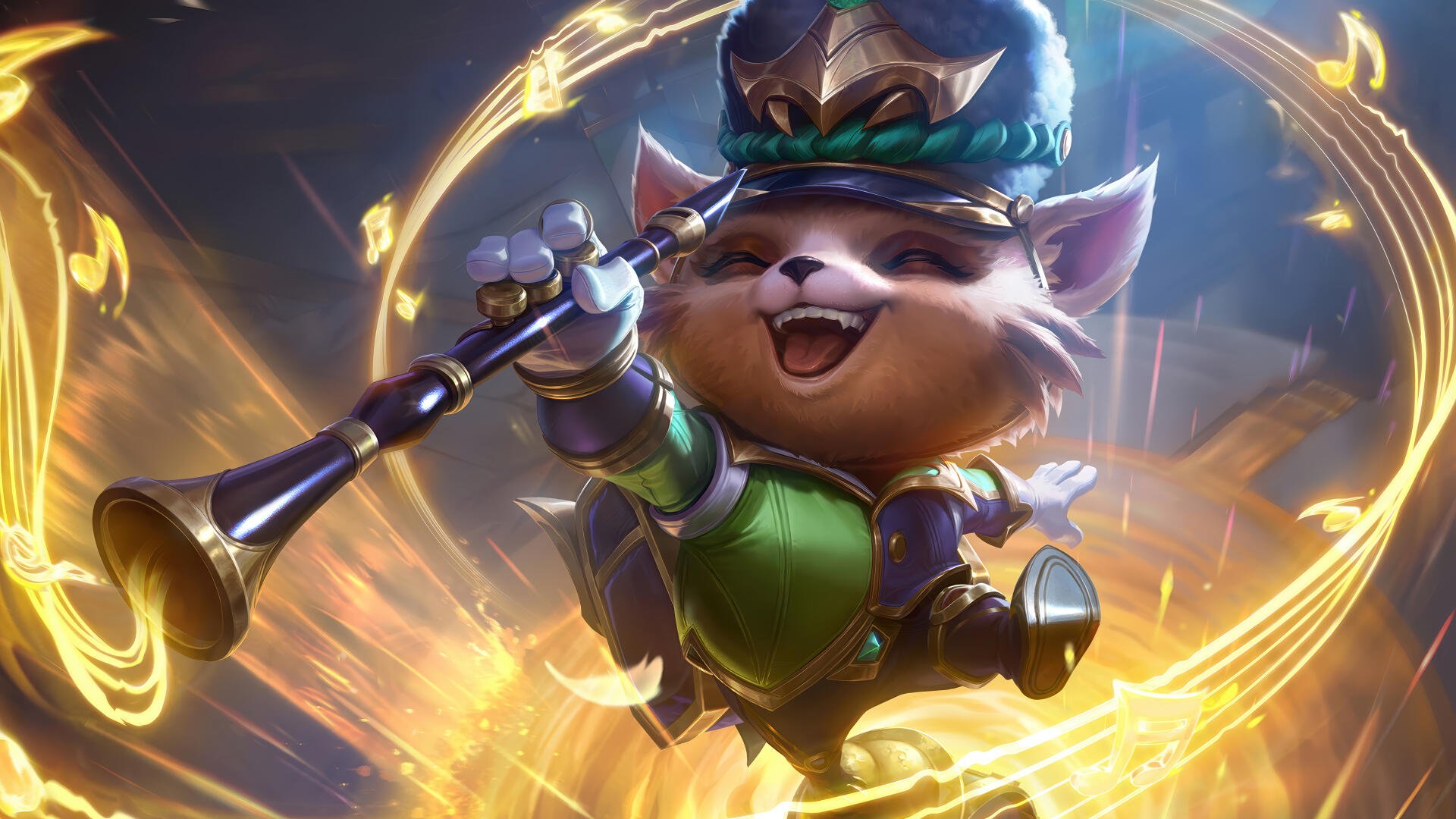 4K Ultra HD PC desktop wallpaper background: Teemo (League of Legends: Wild Rift) — cheerful MOBA yordle in green blowing a horn amid swirling golden music notes.