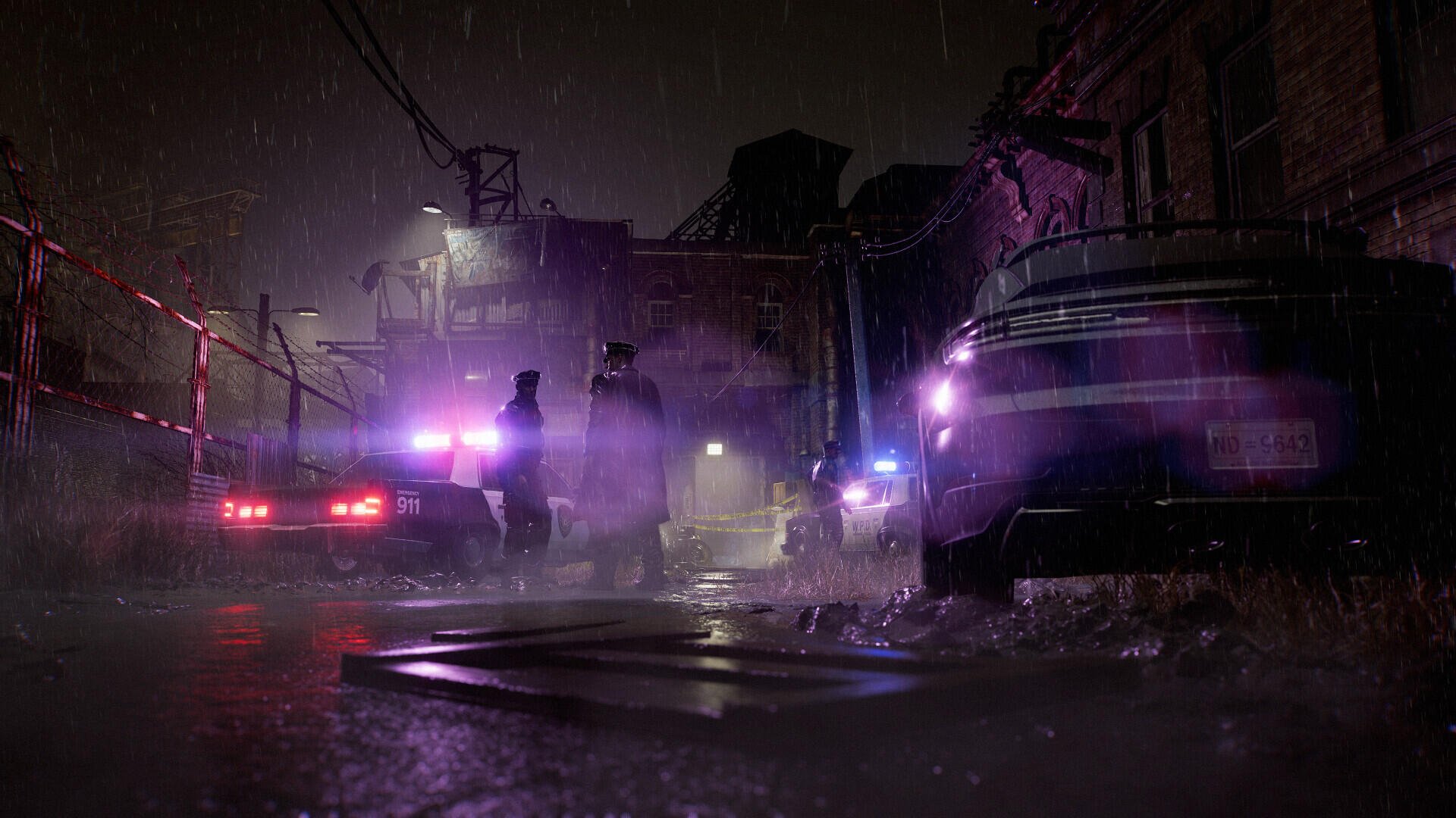 HD PC desktop wallpaper: Resident Evil Requiem survival-horror third-person shooter scene — rain-soaked street at night with police cars, flashing lights and silhouetted figures.