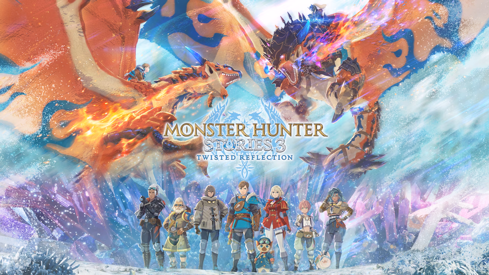 HD PC desktop wallpaper for Monster Hunter Stories 3: Twisted Reflection — Turn-Based RPG art of two battling wyverns above a group of hunters on a snowy plain, game logo centered.
