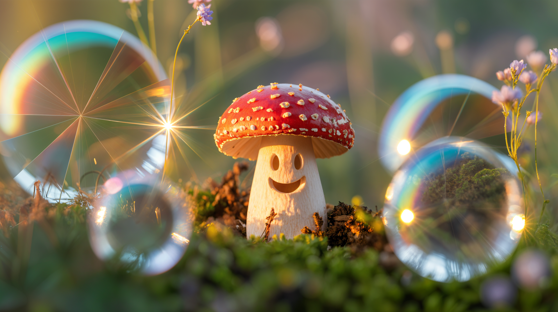 Whimsical smiling red-and-white mushroom figurine among moss, soap bubbles, and sparkling light flares — 4K Ultra HD PC Desktop Wallpaper and Background.