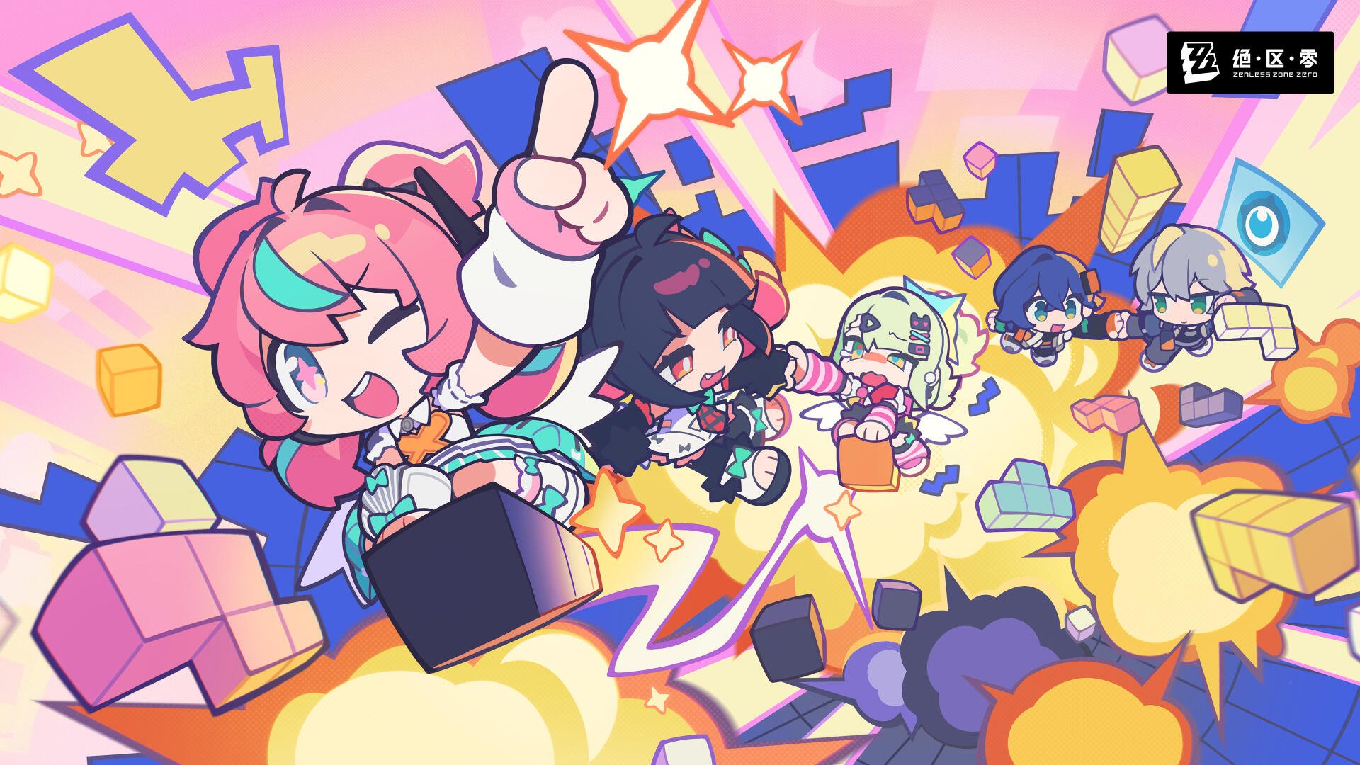 4K Ultra HD ARPG wallpaper of Zenless Zone Zero: chibi Aria, Sunna, and Nangong Yu bursting through colorful, blocky explosions in a playful, dynamic scene.