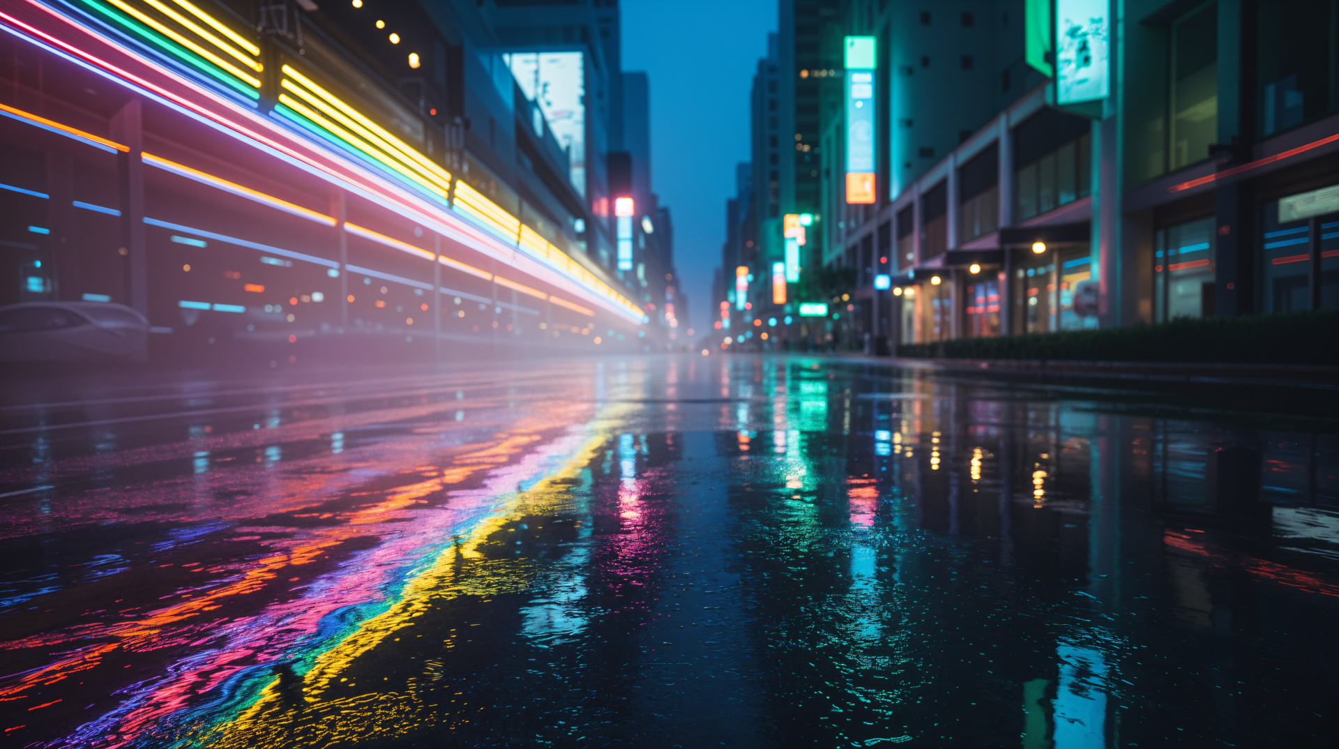 Neon-lit wet city street at night with colorful light streaks and reflections — 4K Ultra HD PC Desktop Wallpaper and Background.
