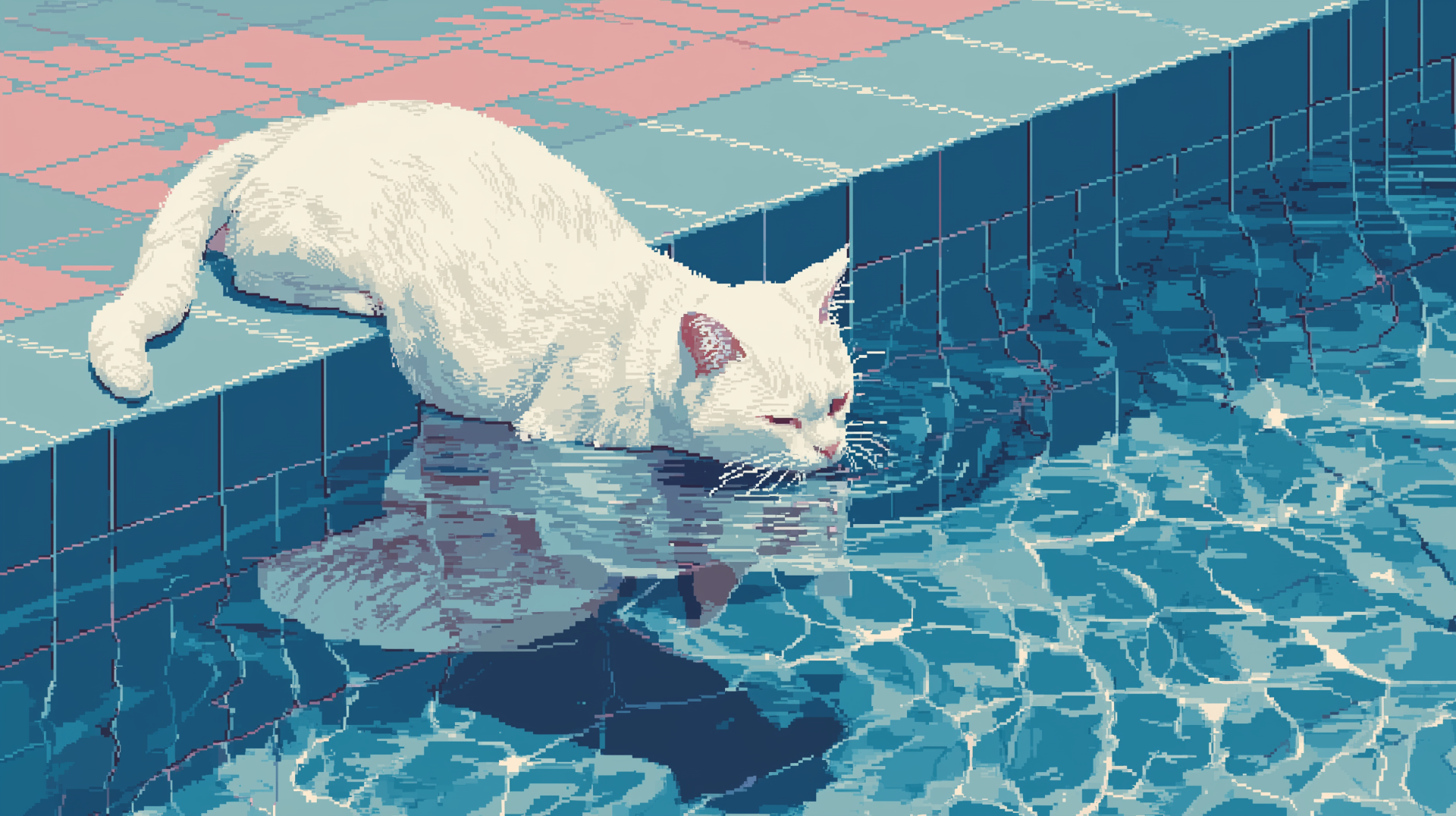 Pixel-art AI-rendered 2K Quad HD PC desktop wallpaper of a white cat drinking from a tiled pool, reflected in rippling water with a pastel pink and teal palette.