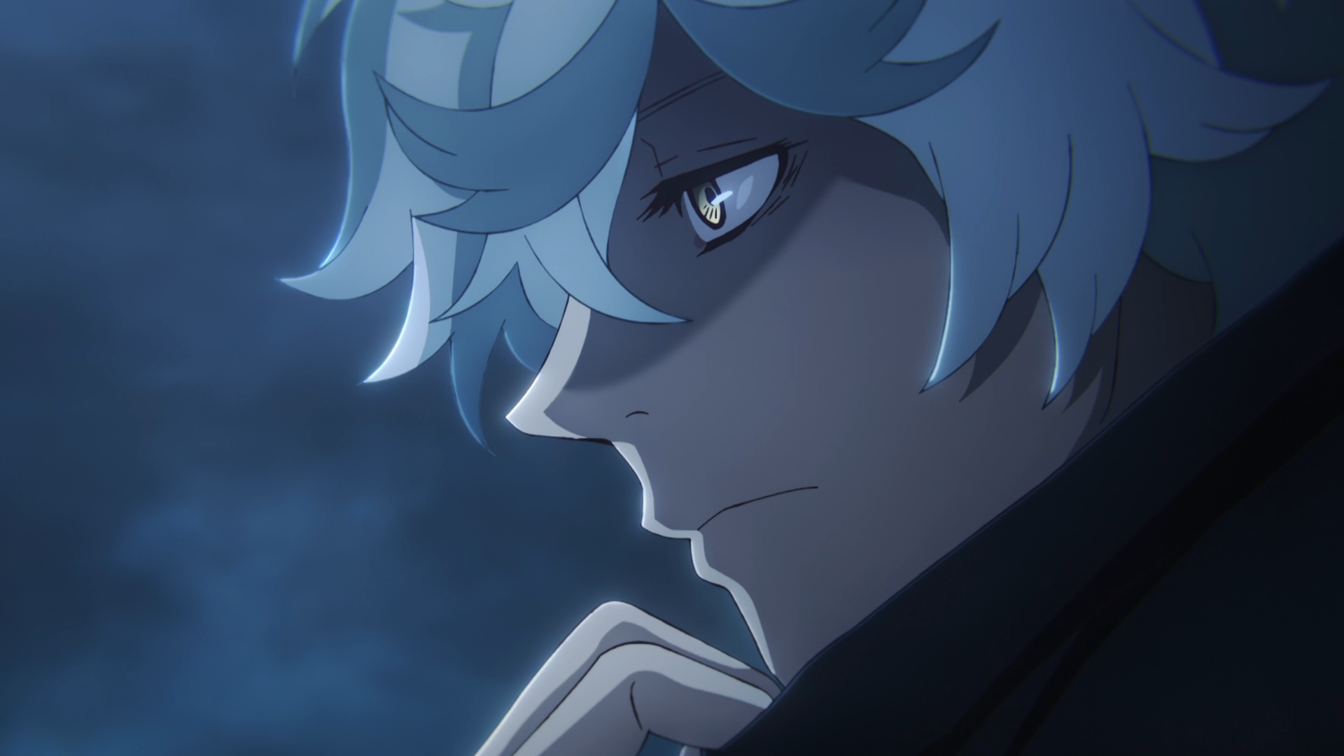 Anime HD PC desktop wallpaper/background of Gabimaru from Hell's Paradise — close-up profile in moody blue night light, pale hair, sharp eye, hand near chin.