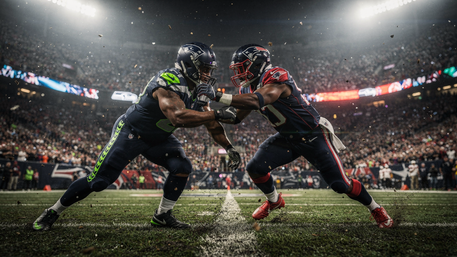 HD desktop wallpaper of two NFL players - Seattle Seahawks vs New England Patriots - clashing on the line under stadium lights in a Super Bowl atmosphere.