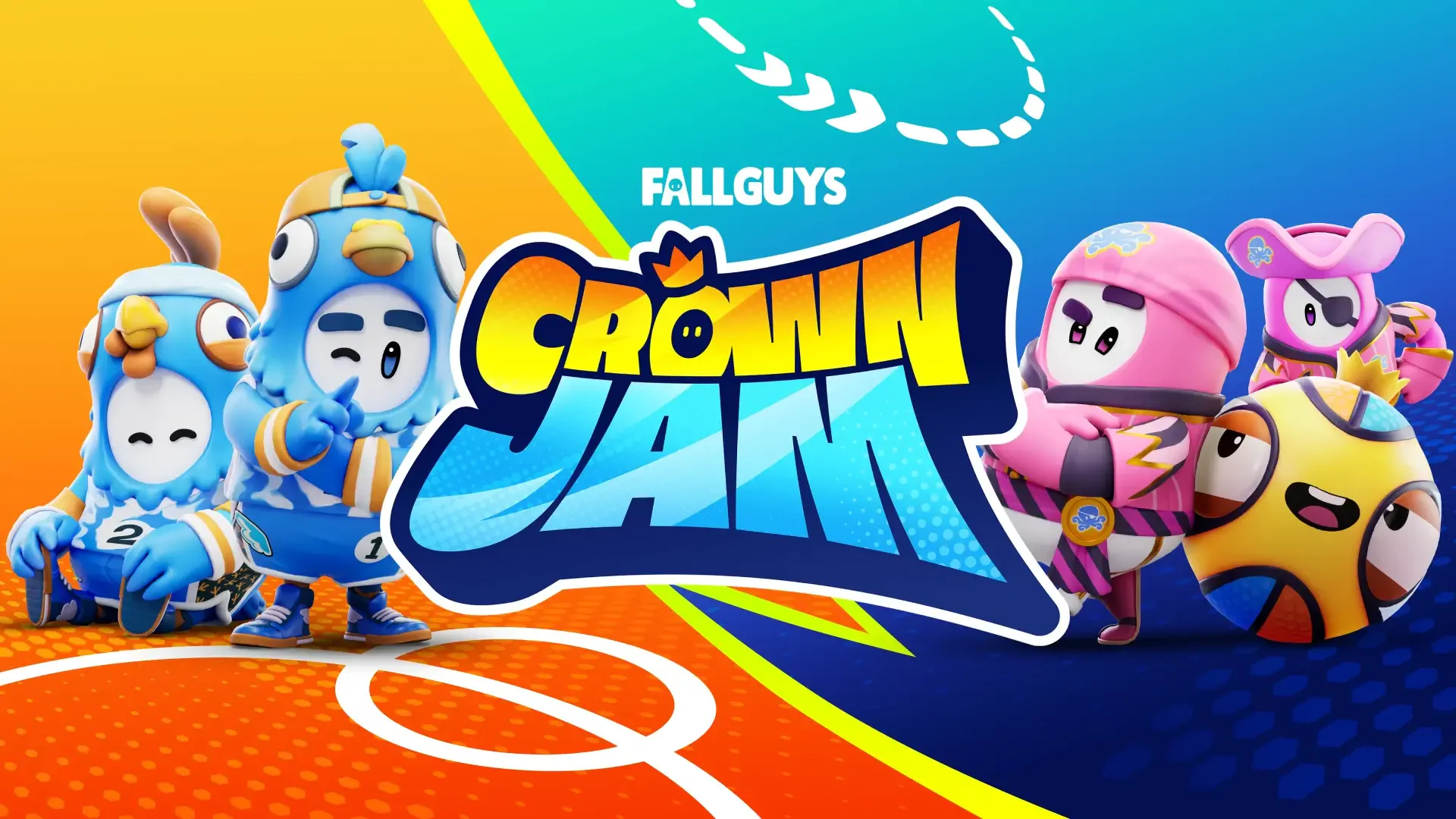 HD PC desktop wallpaper from the video game Fall Guys: Crown Jam — colorful, costumed characters flank the Crown Jam logo over a bright, sporty arena background.