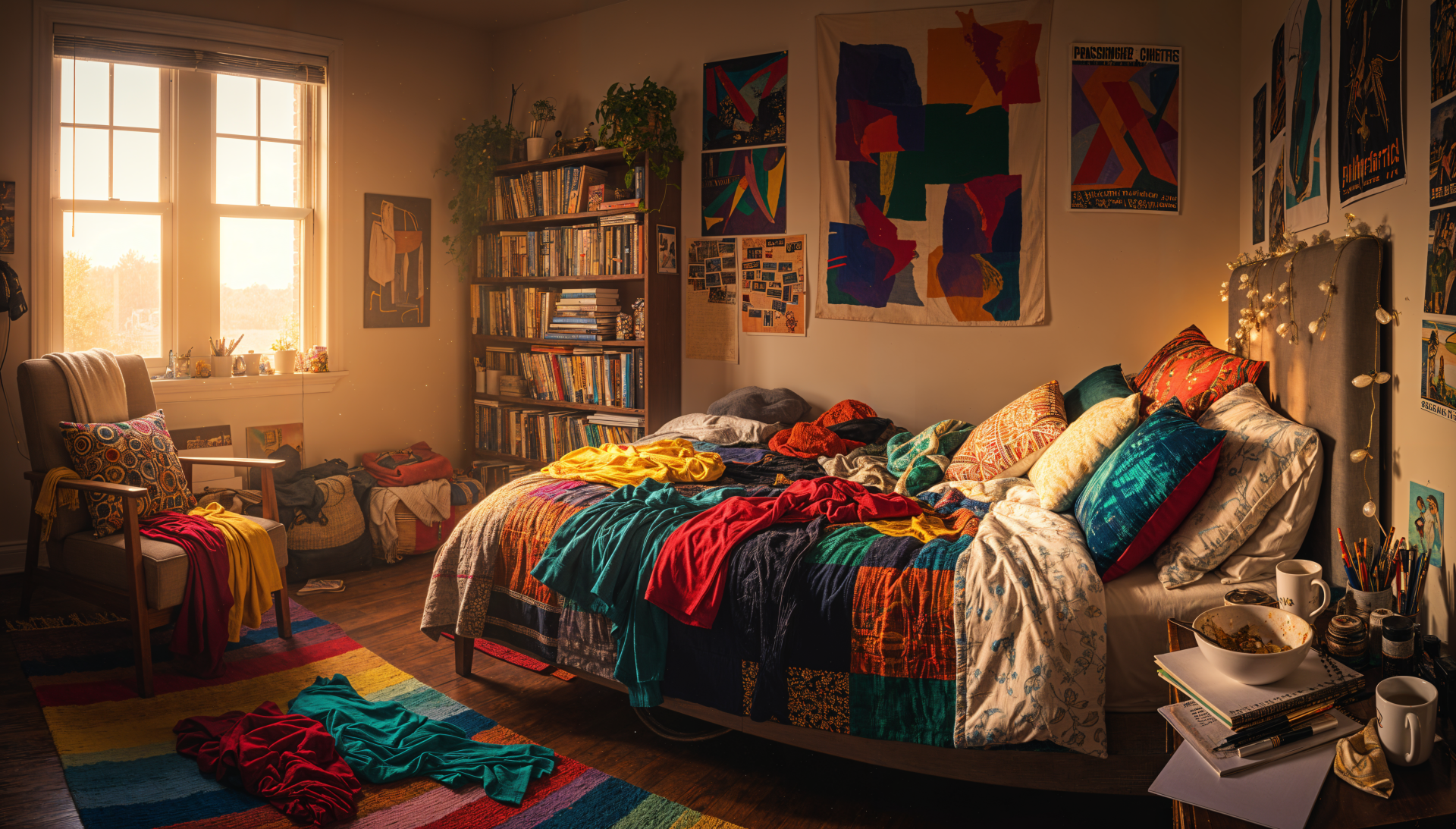 Sunlit cozy bedroom with colorful quilts, cushions, wall art and bookshelf — 4K Ultra HD PC desktop wallpaper and background with warm, lived-in atmosphere.
