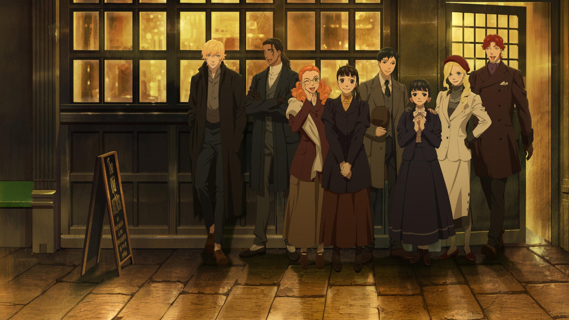 Anime movie 'Love Through a Prism' HD PC desktop wallpaper: seven characters in period dress stand on wet cobblestones before a warmly lit storefront at night.