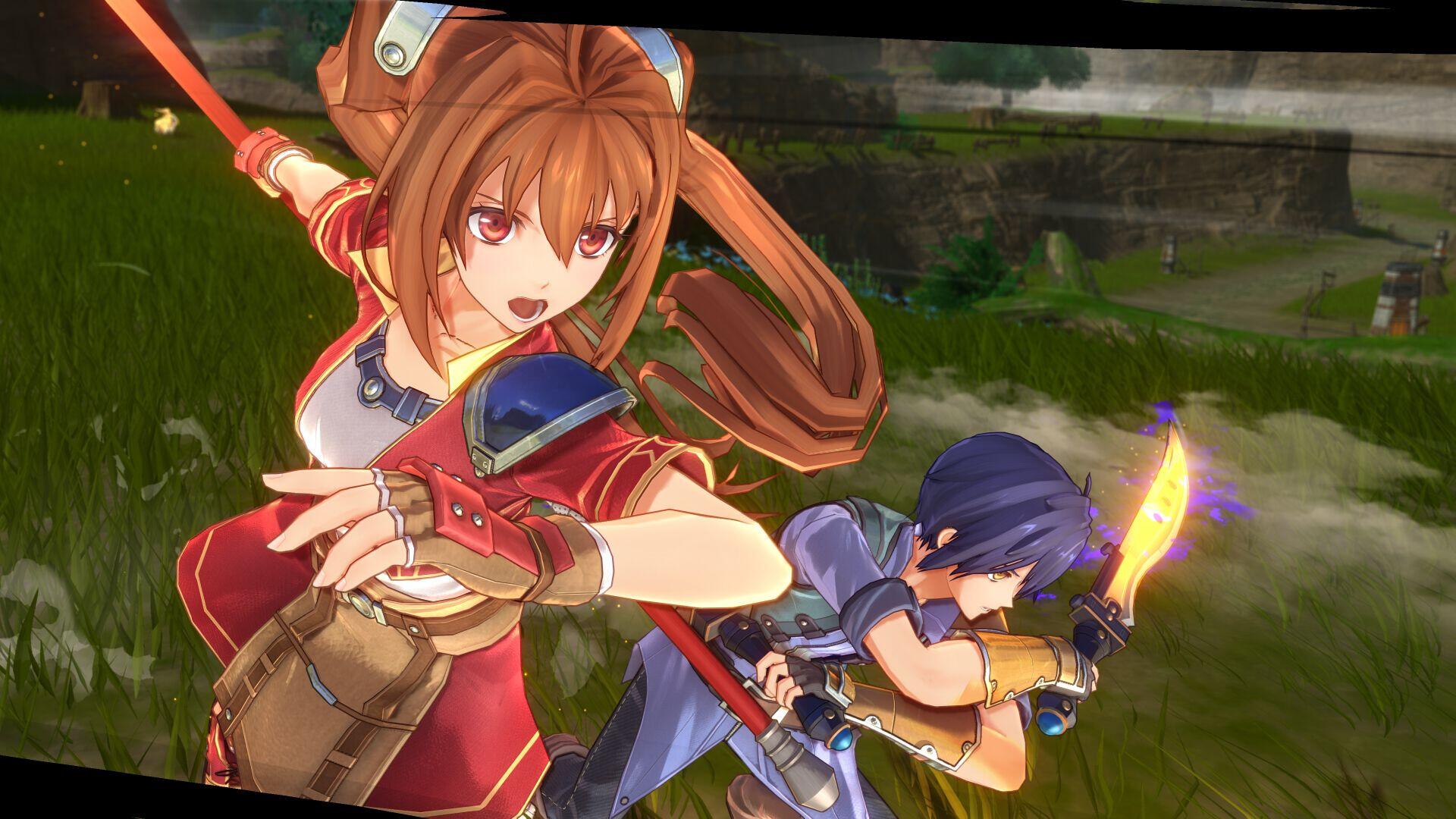 HD PC desktop wallpaper from the video game Trails in the Sky 1st Chapter: two characters in mid-combat, a brown-haired heroine striking while a blue-clad ally readies a blade on a grassy plain.