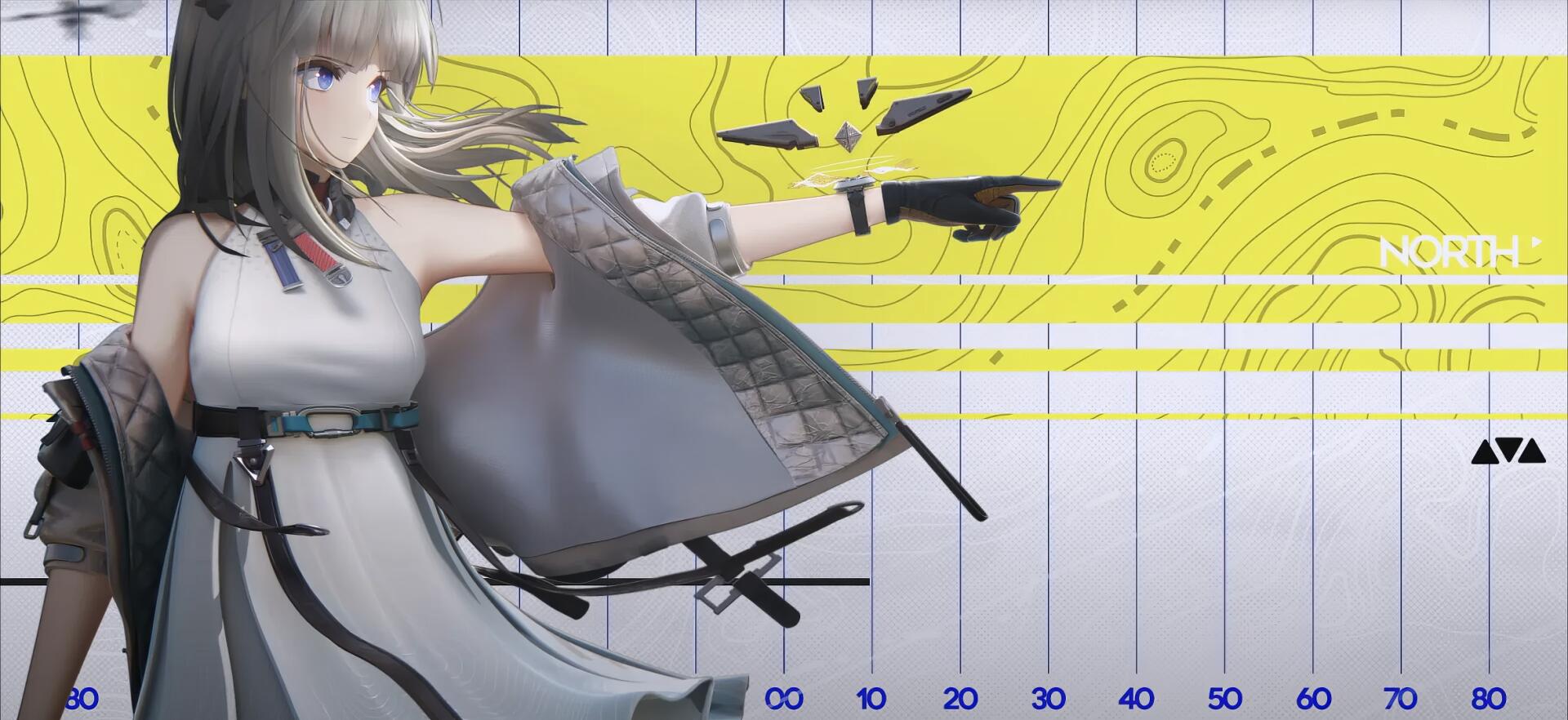 HD PC wallpaper of Perlica from the video game Arknights: Endfield — anime-style character in a white outfit pointing right against a yellow contour-map graphic and lined grid background.