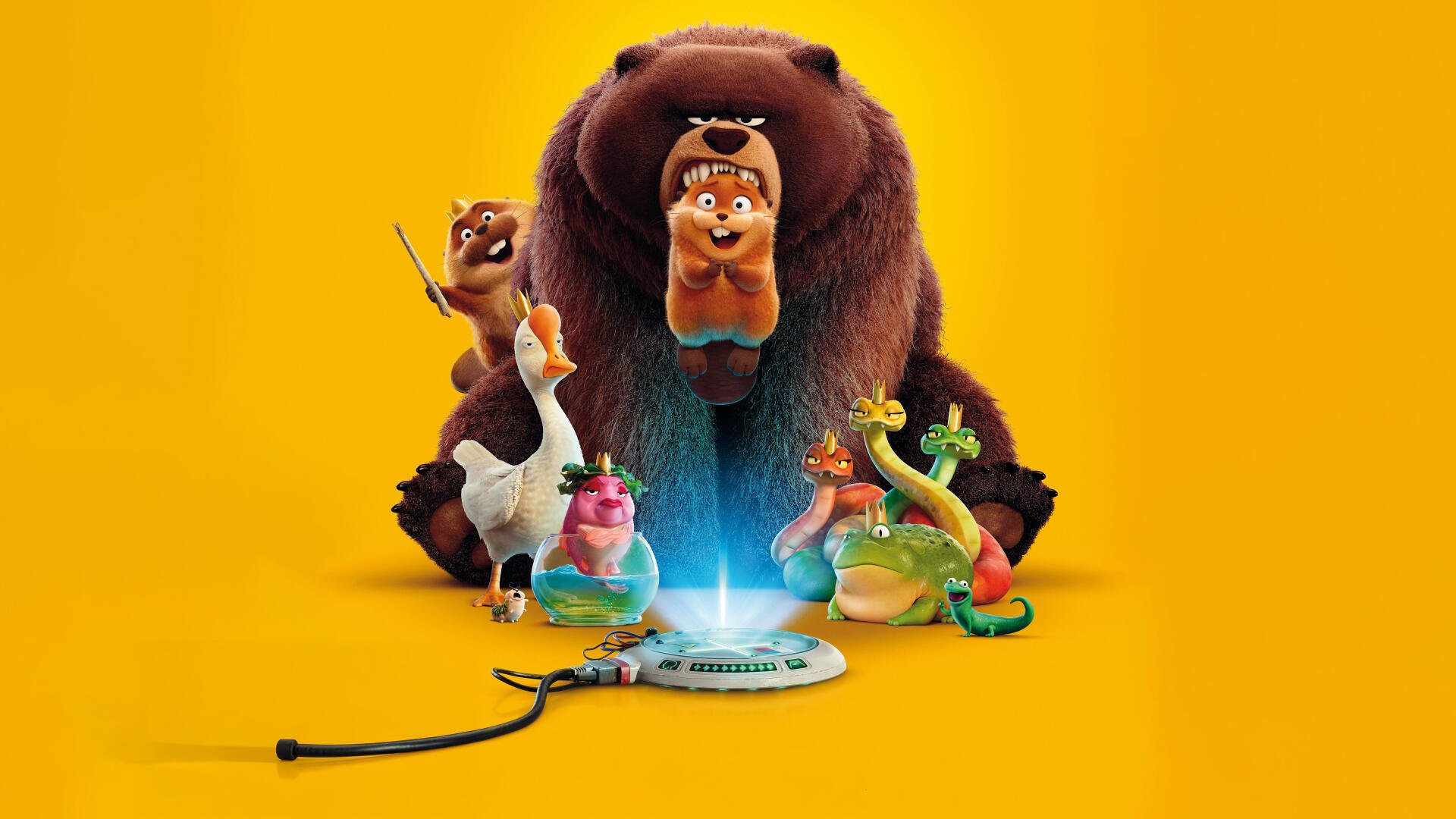 5K Ultra HD PC desktop wallpaper and background for the animated movie Hoppers: colorful characters — big bear, small critters and a glowing gadget — on a bright yellow backdrop.