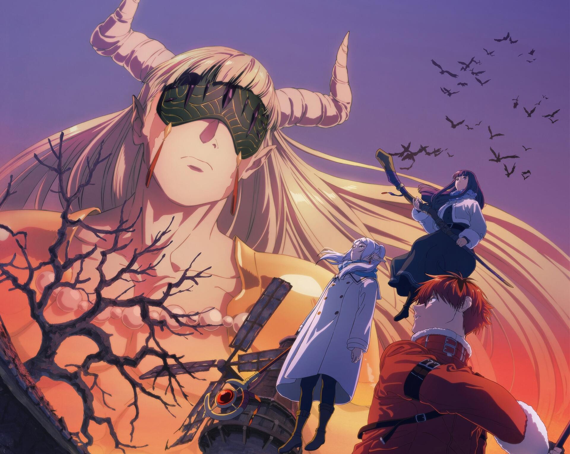 2K Quad HD PC wallpaper of Frieren: Beyond Journey's End — a towering blindfolded Frieren watches over Fern and Stark beneath a crimson sky, silhouetted birds and a barren tree.