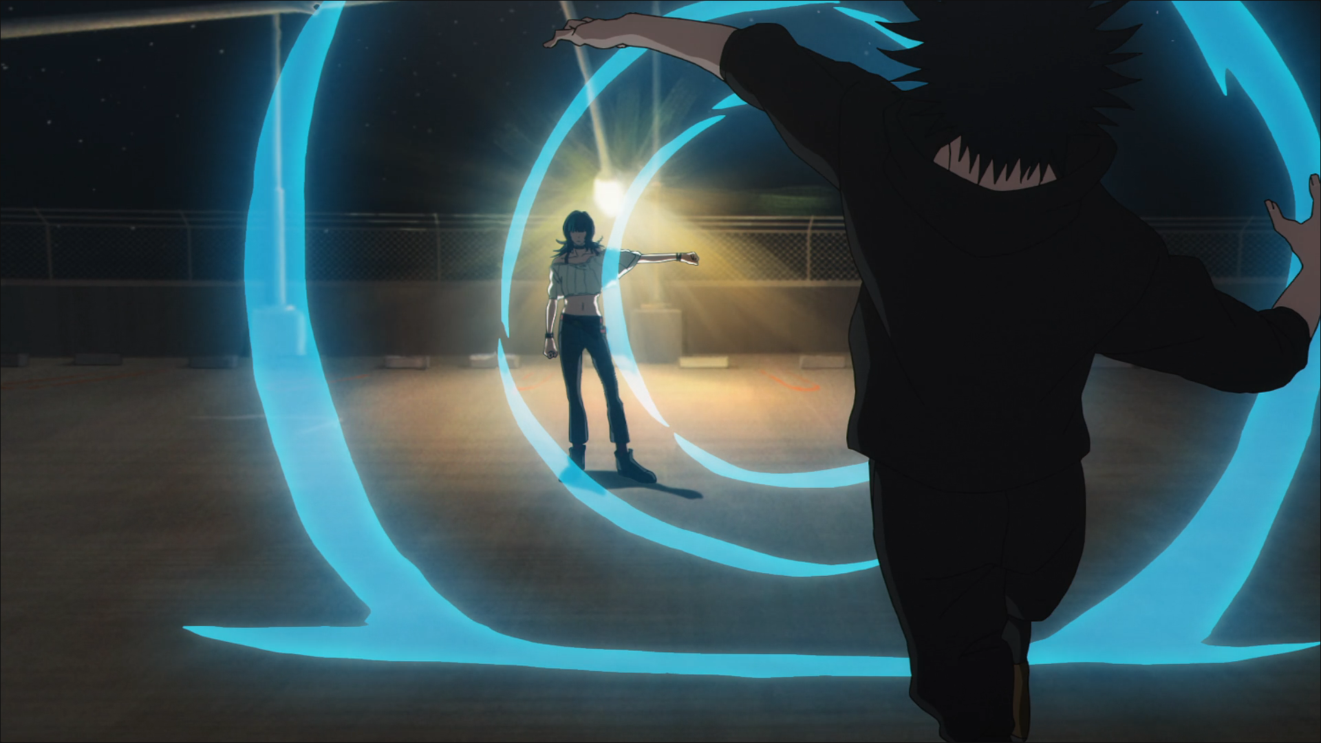 HD PC wallpaper: Jujutsu Kaisen 3rd Season — Megumi Fushiguro and Kirara Hoshi face off in a dark arena as glowing blue energy rings spiral between them.