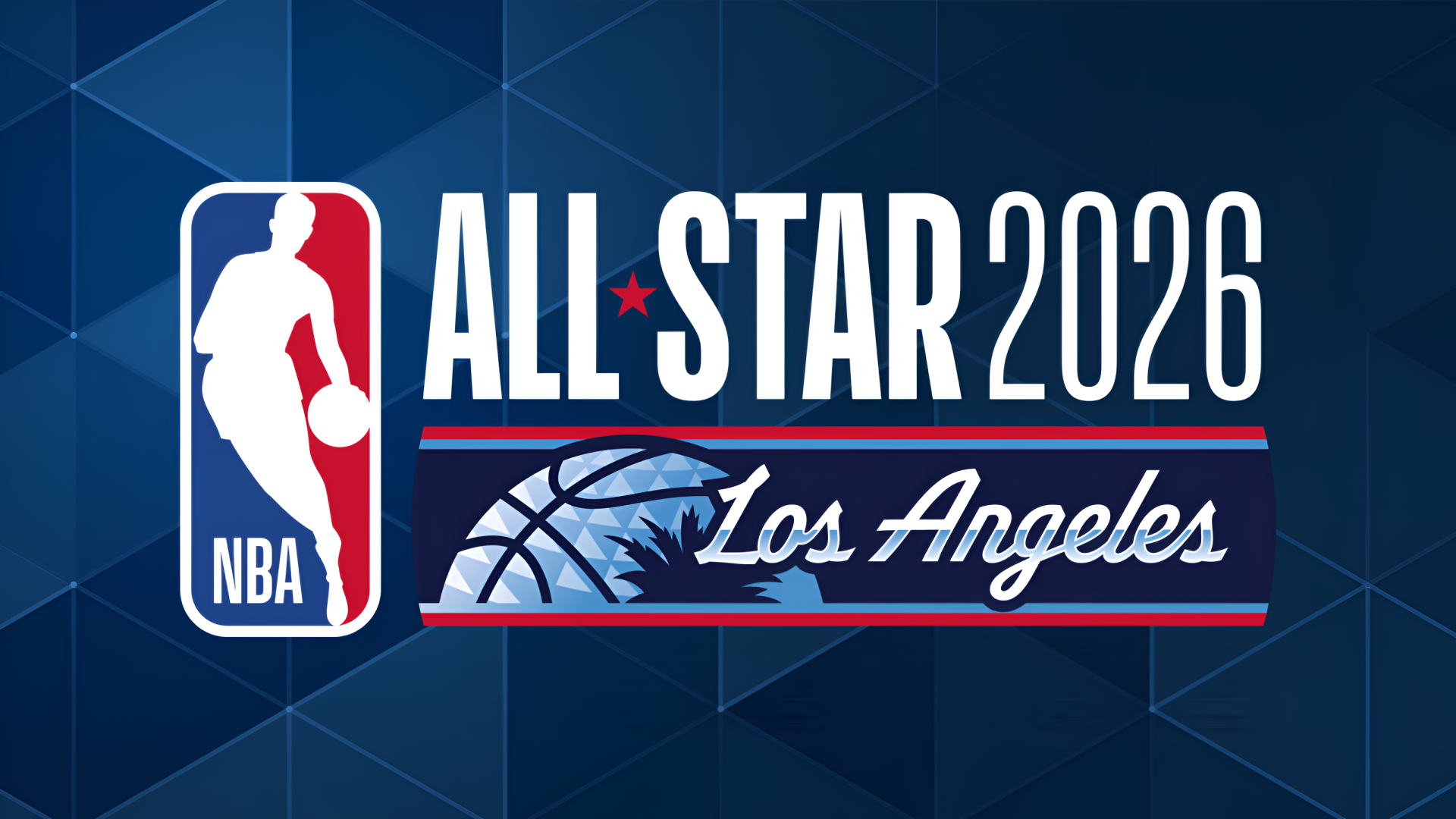 NBA All-Star 2026 logo with NBA emblem and Los Angeles script on a geometric blue field — 2K Quad HD PC desktop wallpaper