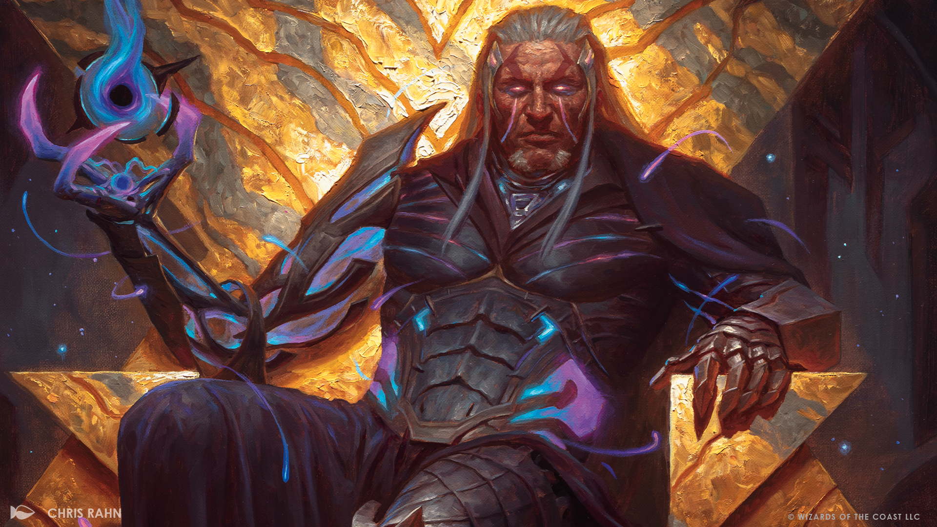 HD desktop wallpaper of Tezzeret from the Magic: The Gathering card game: a sorcerer in dark arcane armor seated on a golden throne, glowing blue mana sigils.
