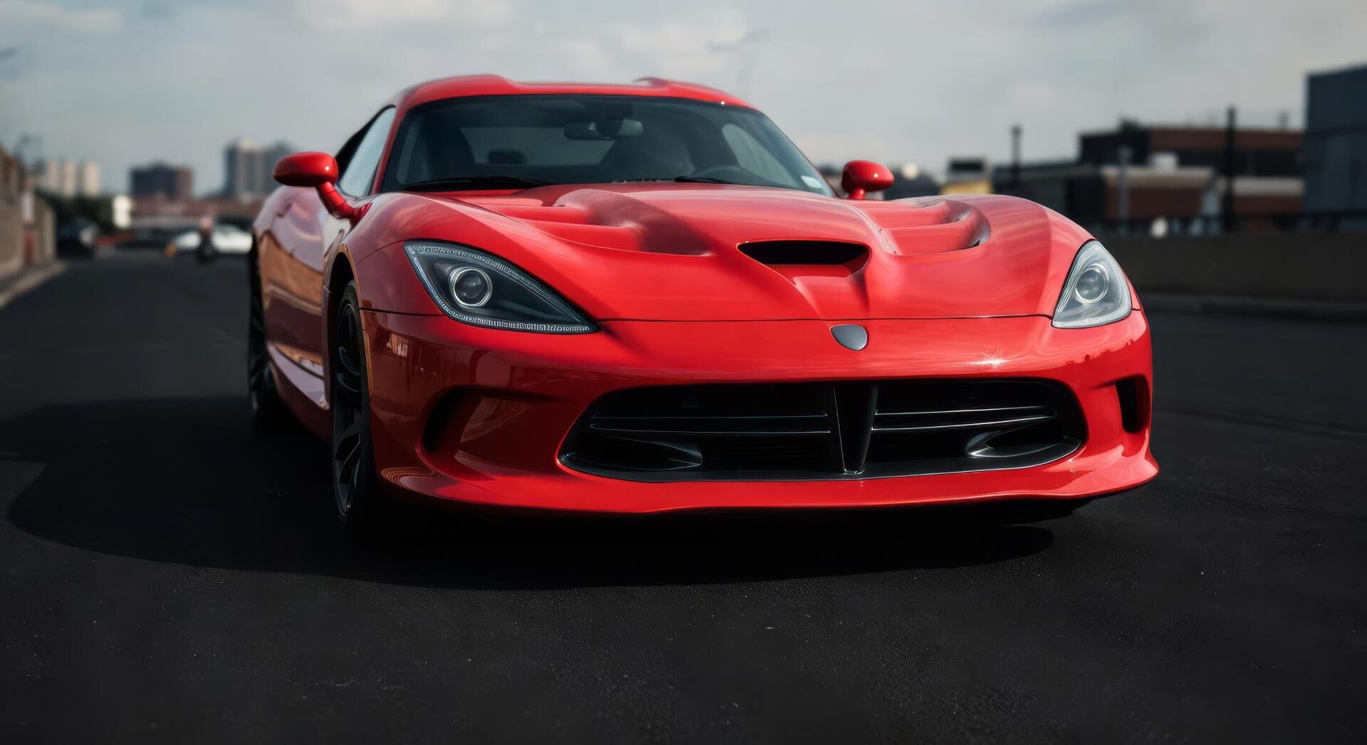 Red Dodge Viper SRT parked on a city street, front view; 5K Ultra HD PC desktop wallpaper and background.