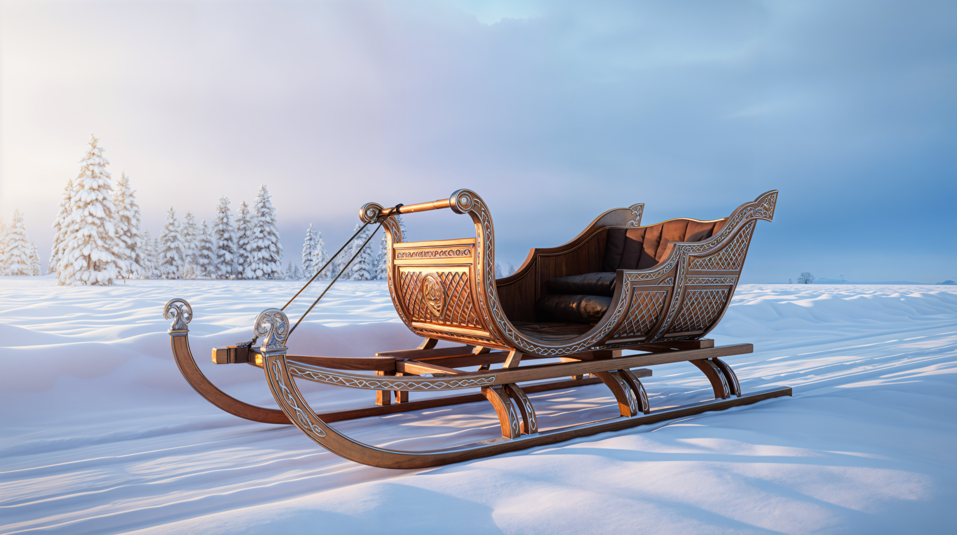 Ornate wooden sleigh resting on fresh snow in a crisp winter landscape with pine trees beneath a pale blue sky — 4K Ultra HD PC desktop wallpaper and background.