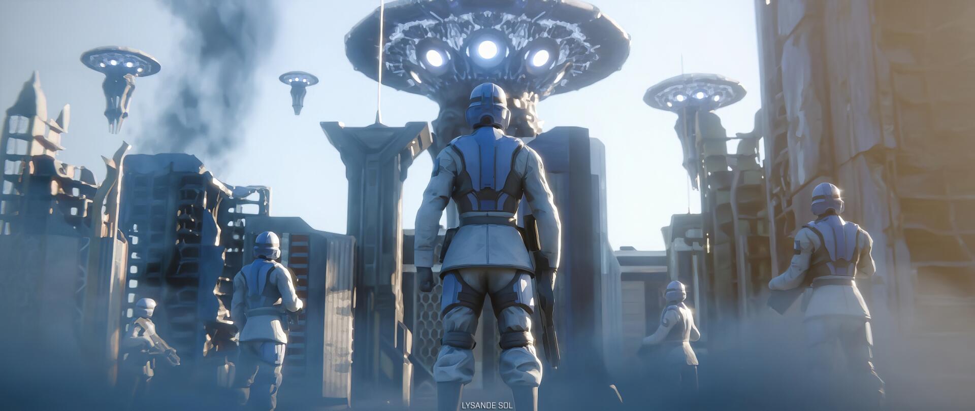 TPS Helldivers 2 HD PC desktop wallpaper/background: armored troopers stand in a futuristic city as massive hovering craft loom overhead, lights cutting through smoke.